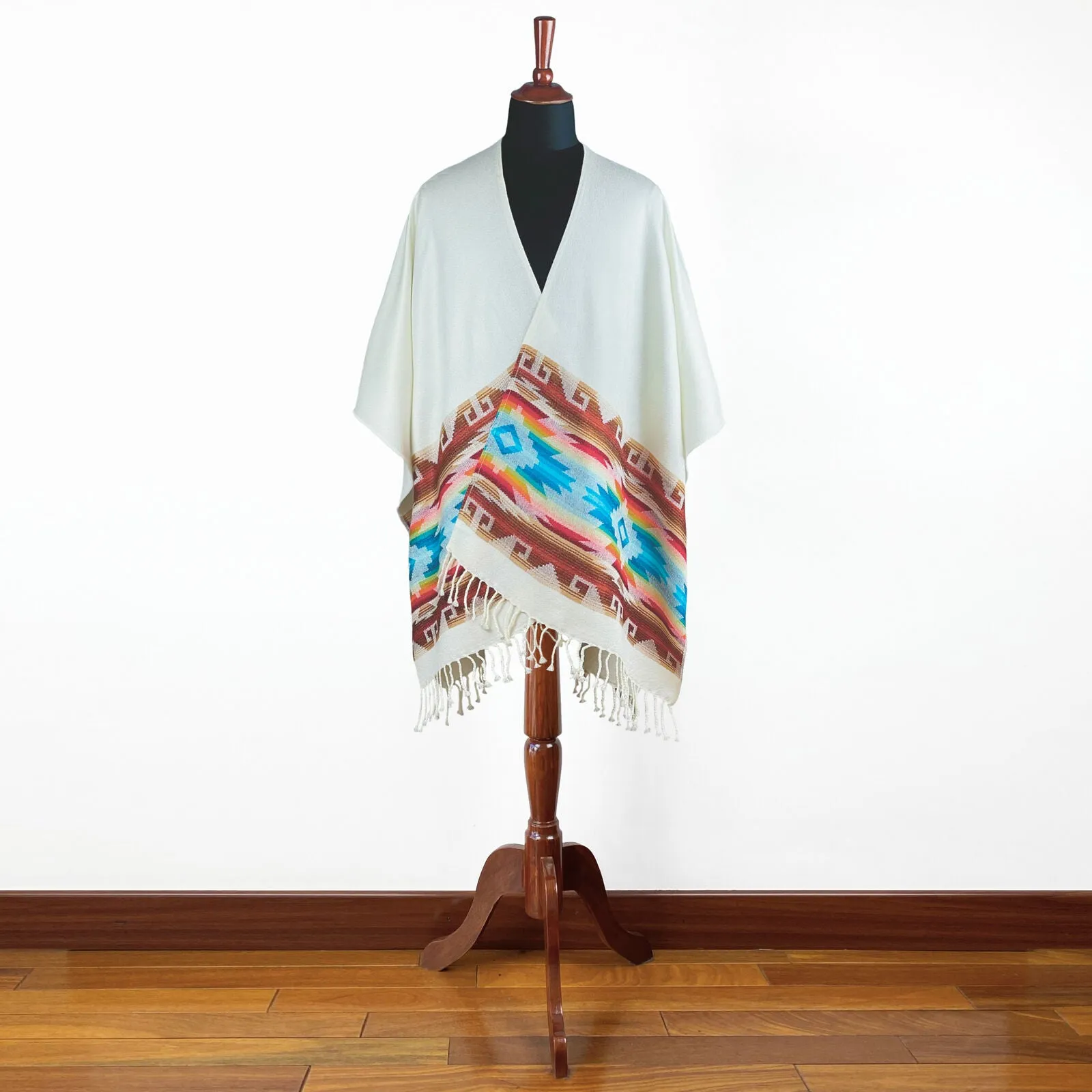 Lightweight Thin Alpaca Wool UNISEX Ruana Cape Poncho/Shawl - White with authentic pattern