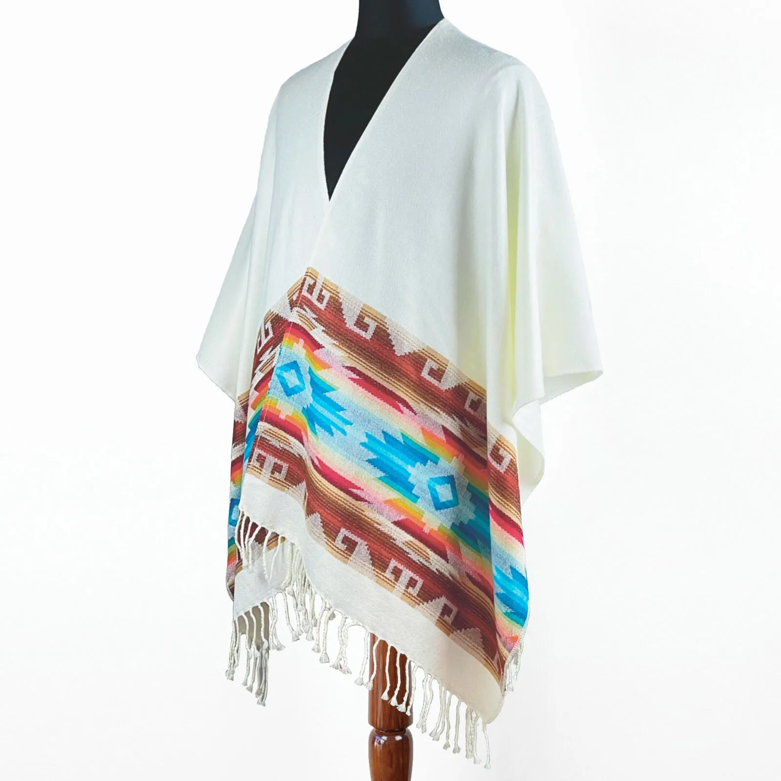 Lightweight Thin Alpaca Wool UNISEX Ruana Cape Poncho/Shawl - White with authentic pattern