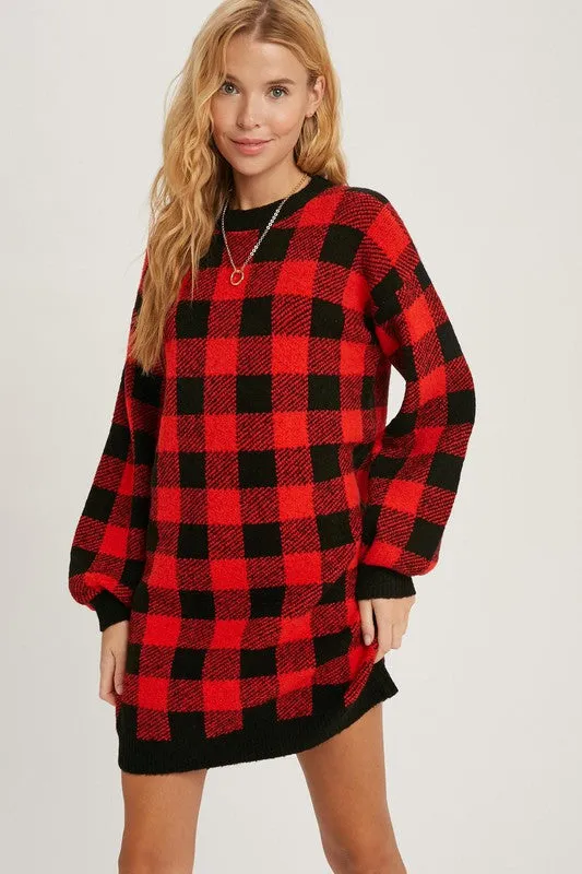 Long Sleeve Buffalo Plaid Sweater Dress