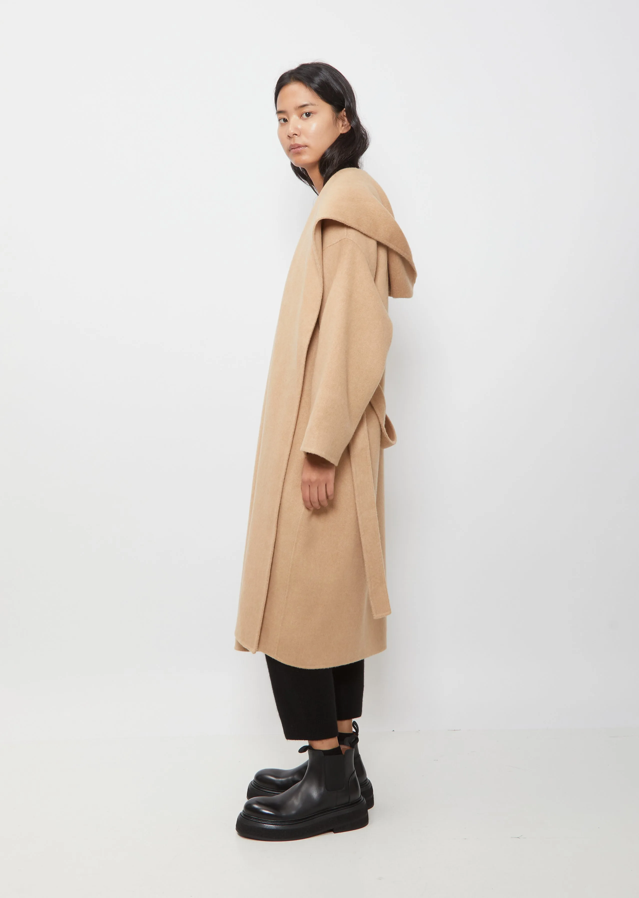 Long Wrap Coat With Hood — Beige