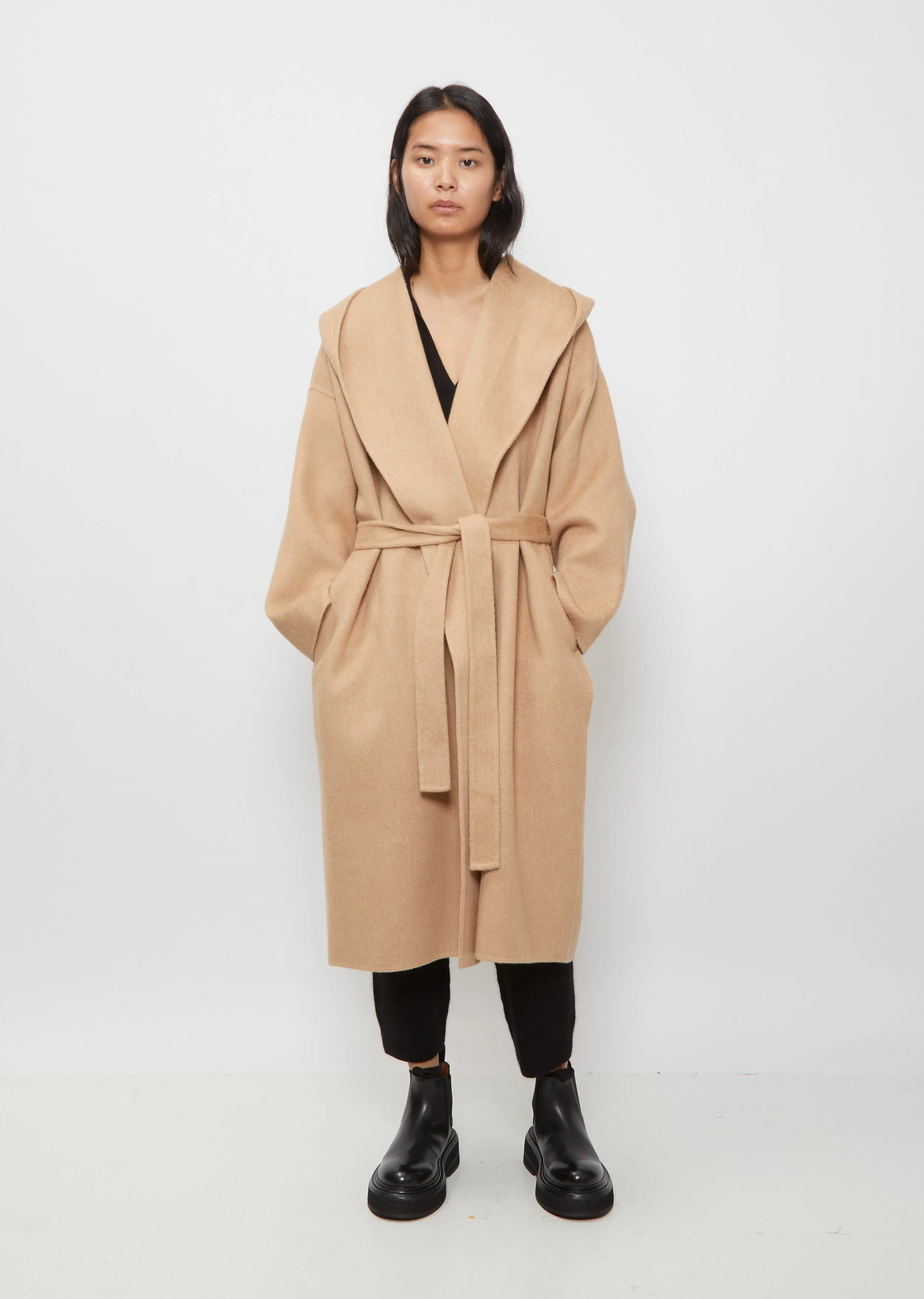 Long Wrap Coat With Hood — Beige