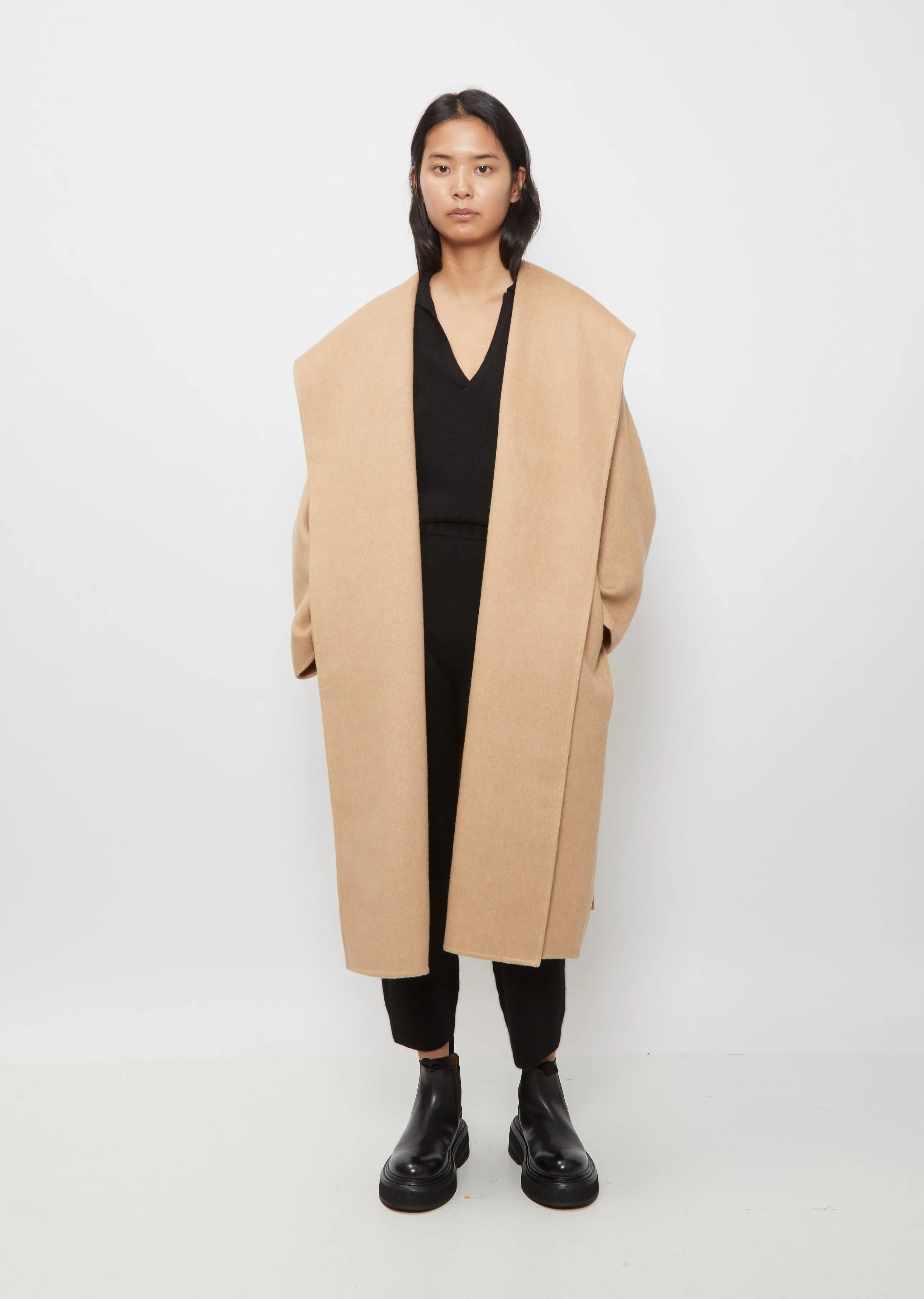 Long Wrap Coat With Hood — Beige