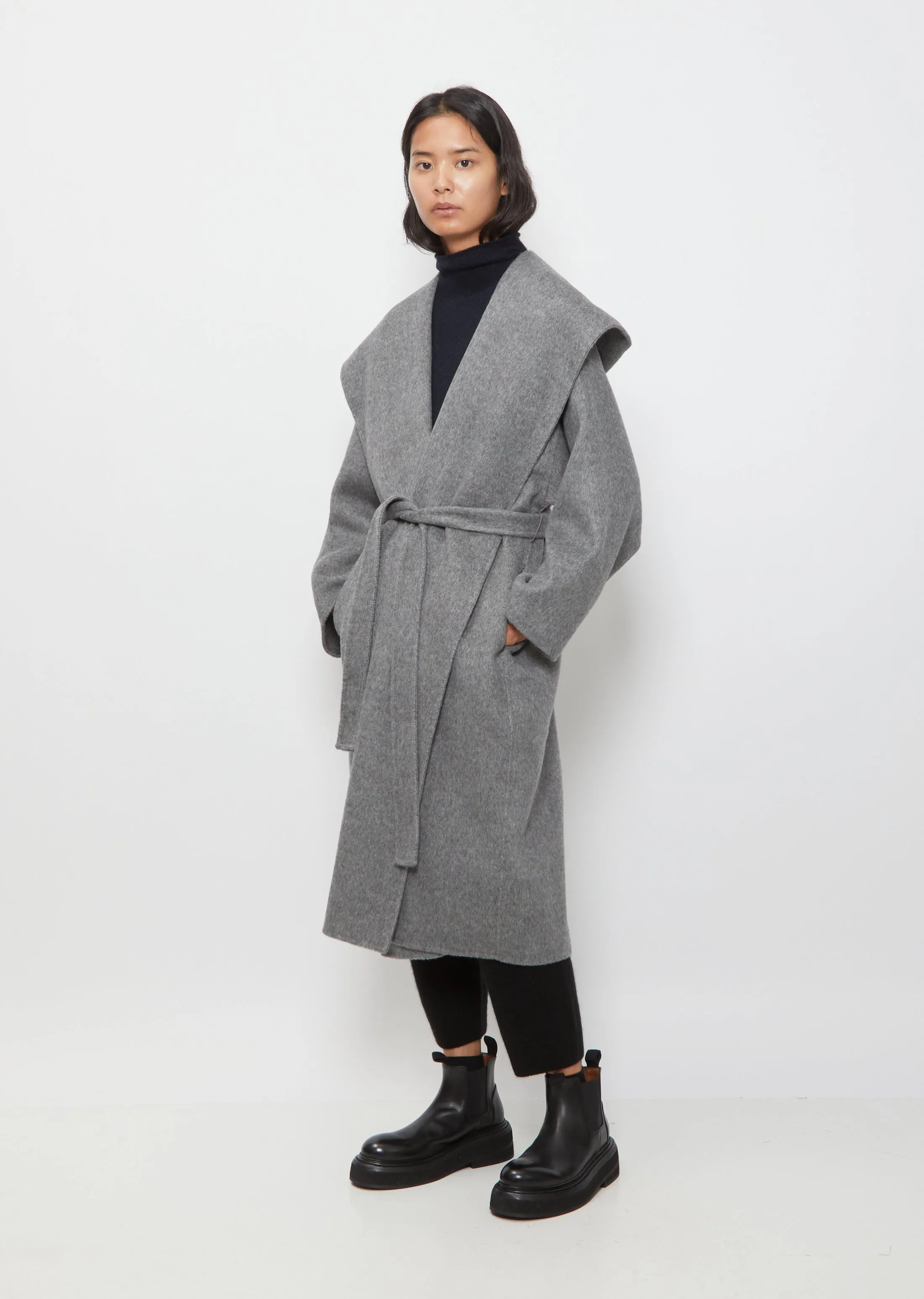 Long Wrap Coat With Hood — Grey