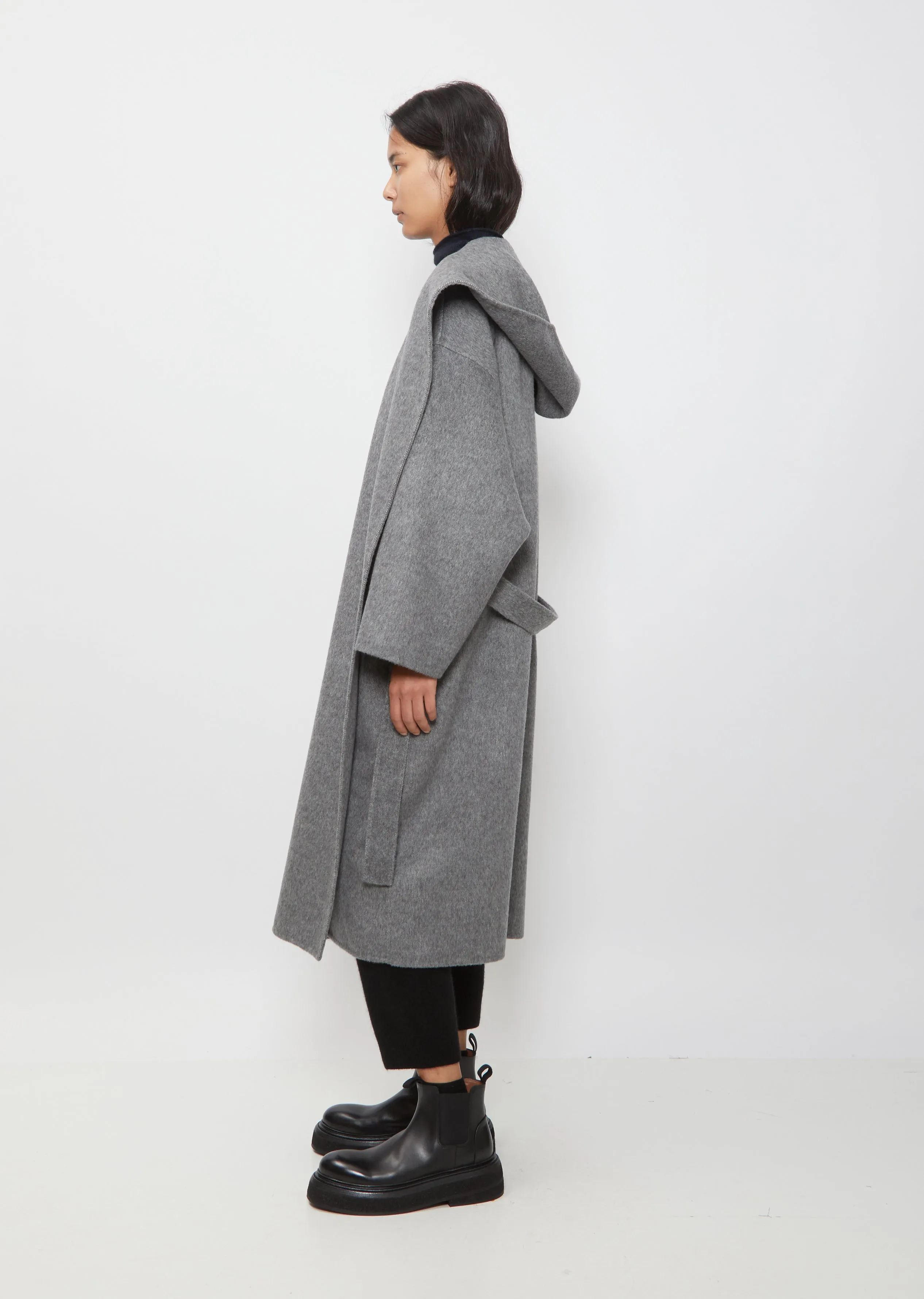 Long Wrap Coat With Hood — Grey