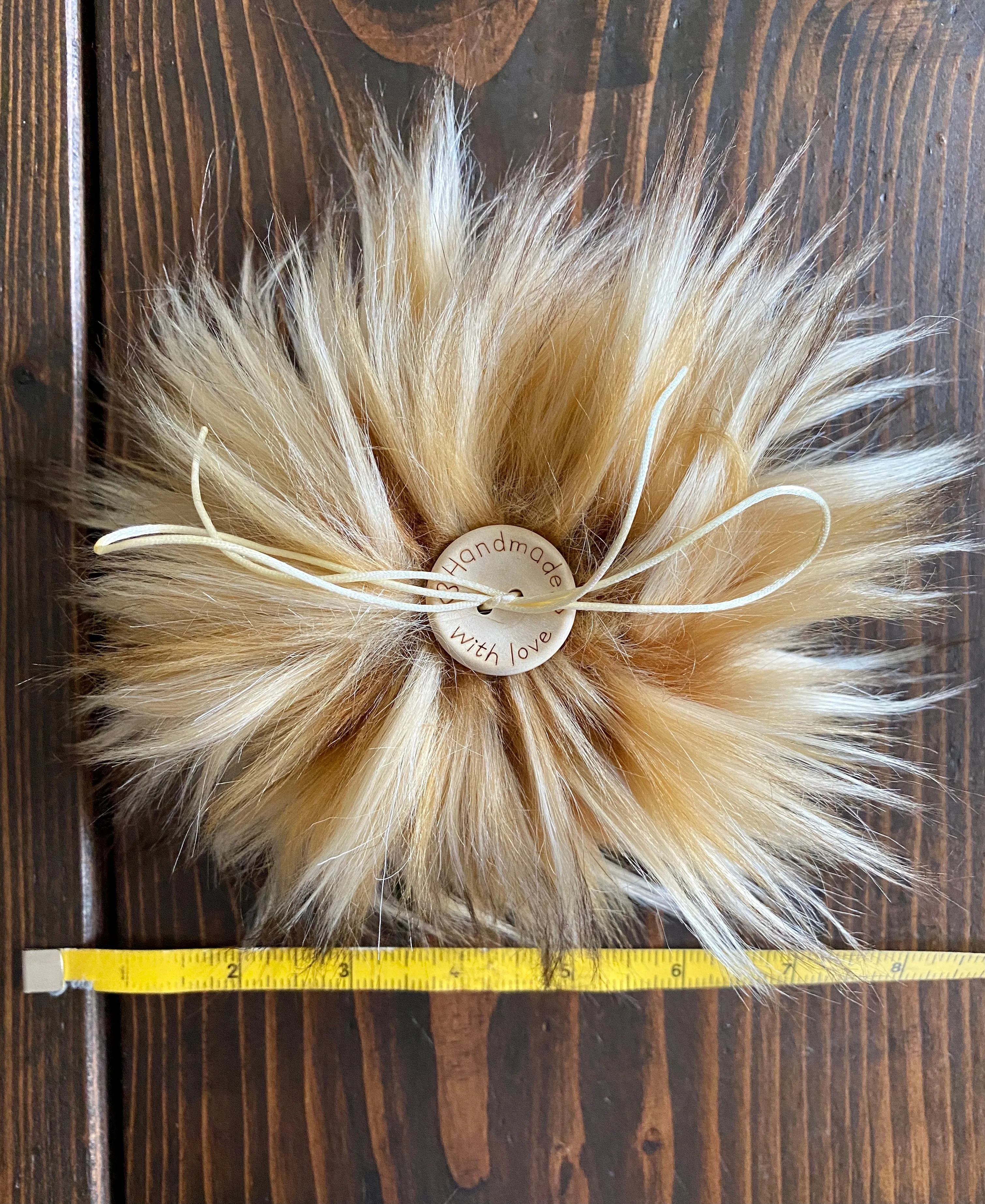 MADE TO ORDER BLONDIE Fun and funky brown blonde with long dark brown tip faux fur pom pom with wooden button