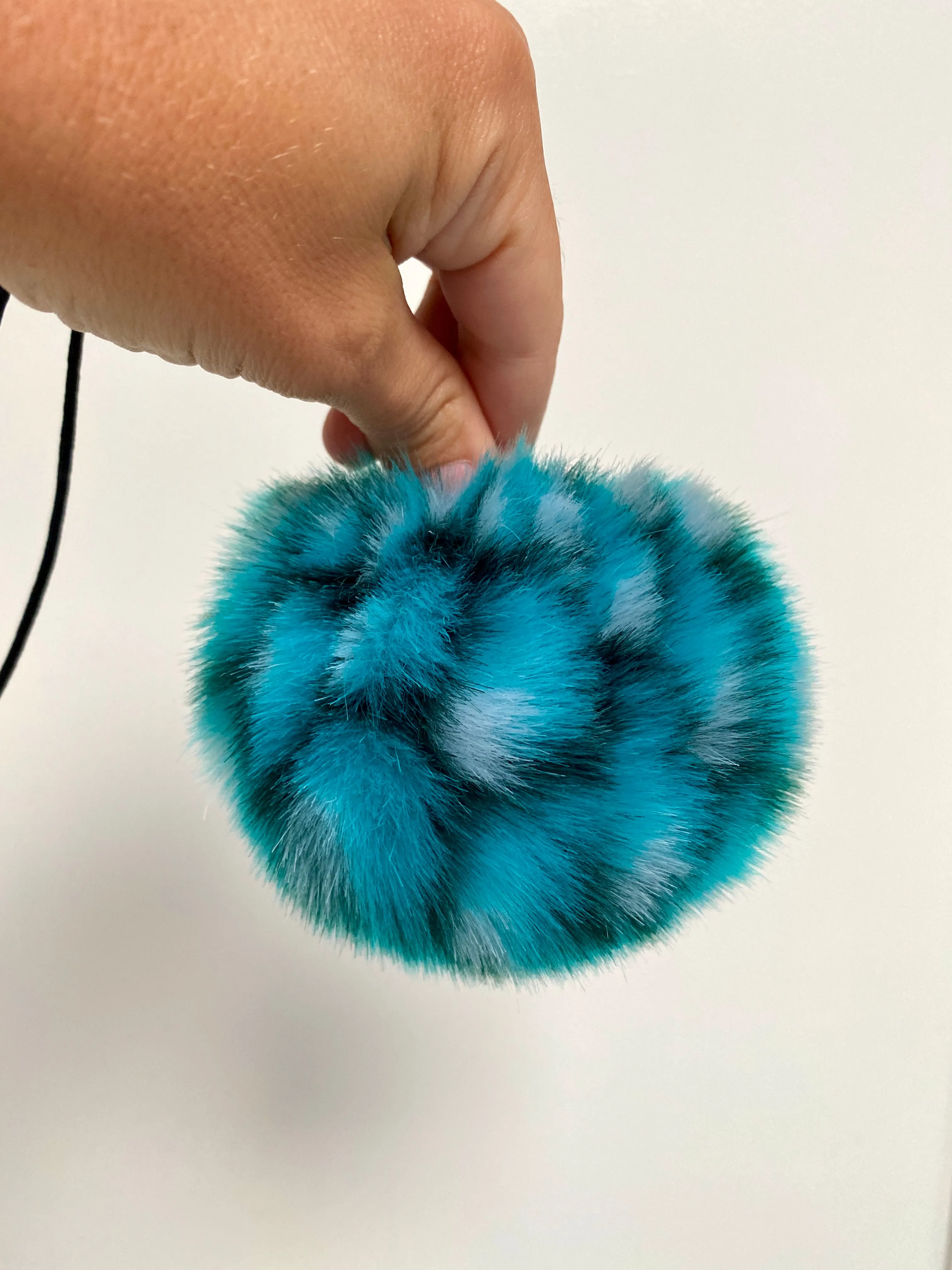 MADE TO ORDER Fun and funky snake like print teal faux fur pom pom with wooden button