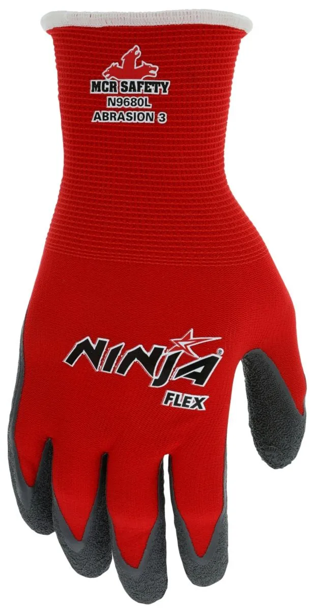 MCR Safety Ninja Flex N9680XL 15 Gauge Nylon Shell, Latex Coated Work Gloves, Red, X-Large, 1 Dozen