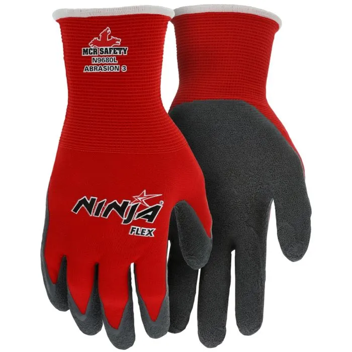 MCR Safety Ninja Flex N9680XL 15 Gauge Nylon Shell, Latex Coated Work Gloves, Red, X-Large, 1 Dozen