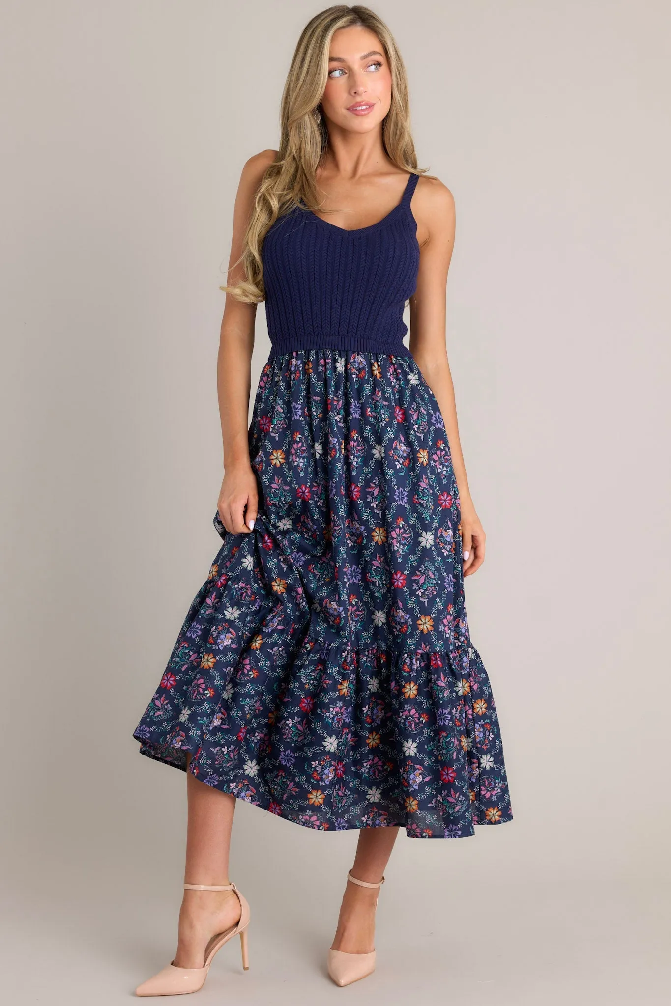 Meadow Mist Navy Floral Print Sweater Maxi Dress