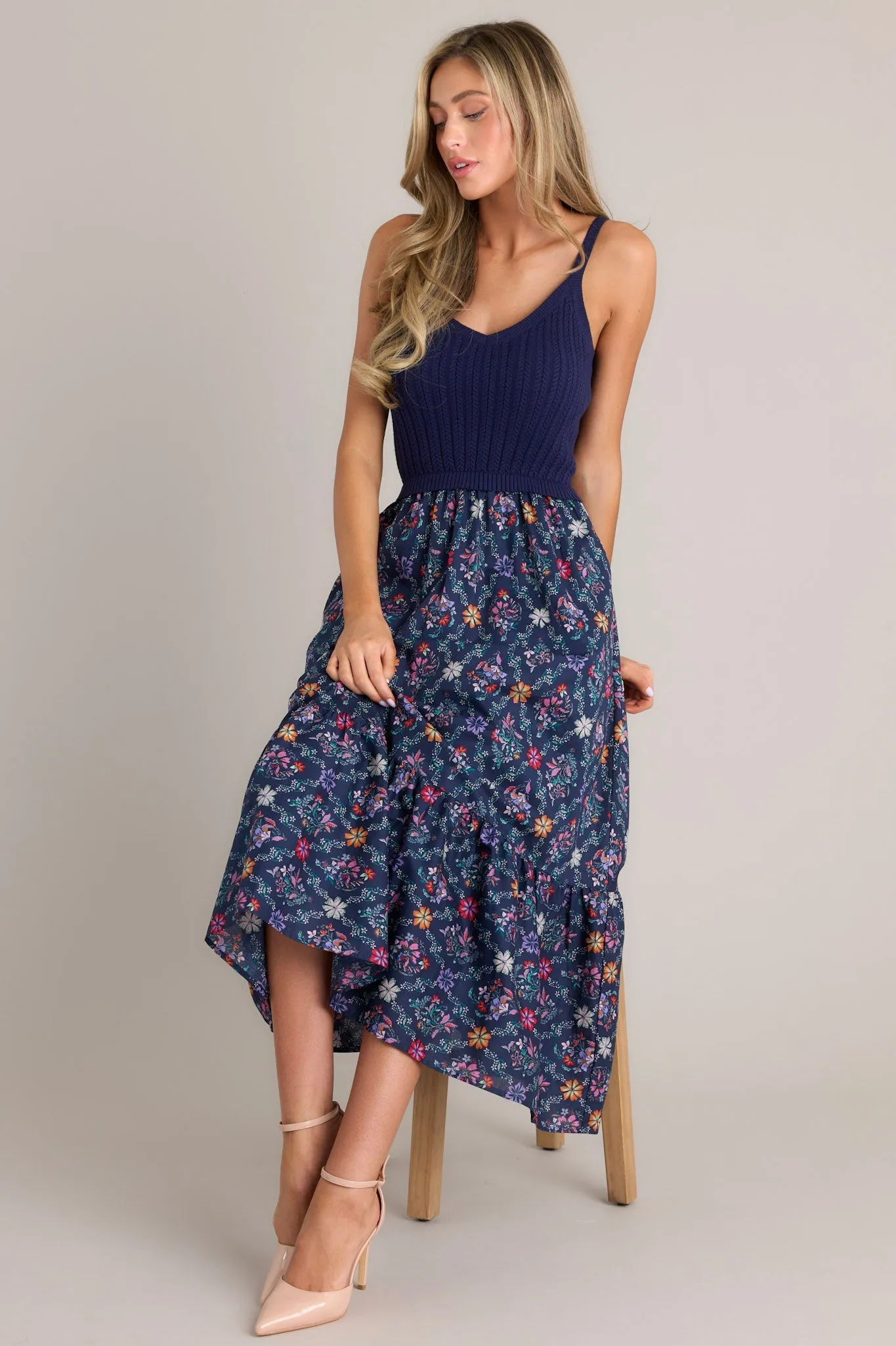 Meadow Mist Navy Floral Print Sweater Maxi Dress