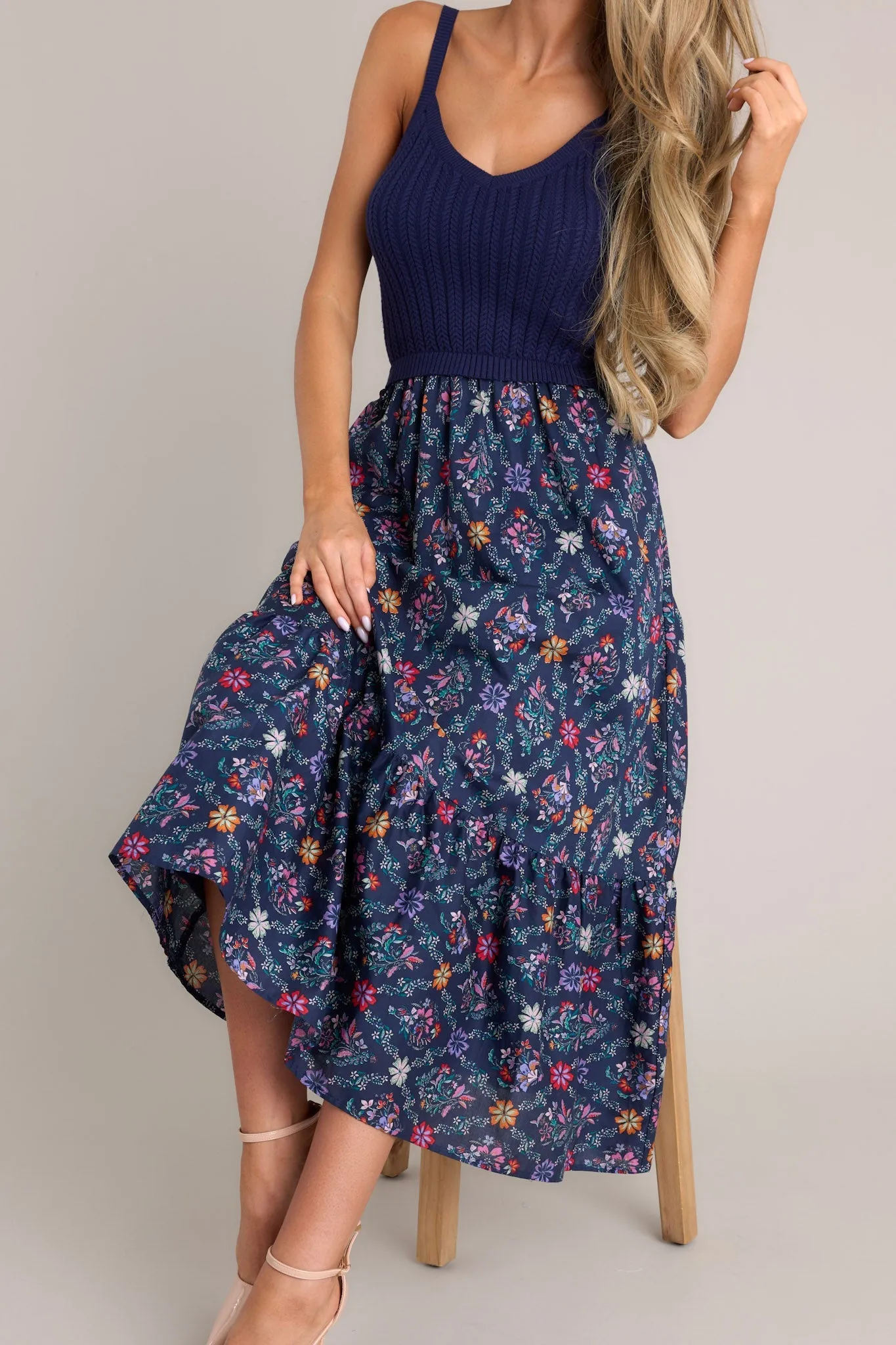 Meadow Mist Navy Floral Print Sweater Maxi Dress