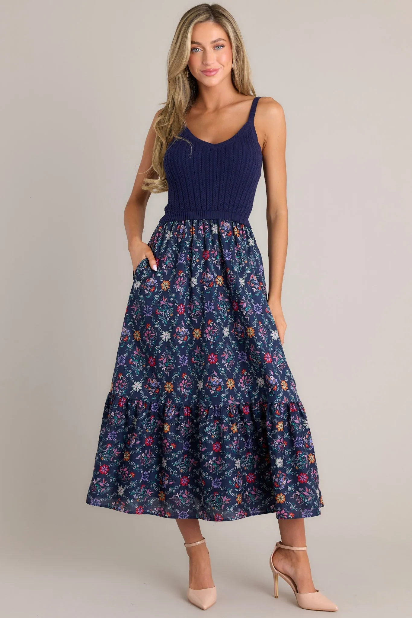 Meadow Mist Navy Floral Print Sweater Maxi Dress