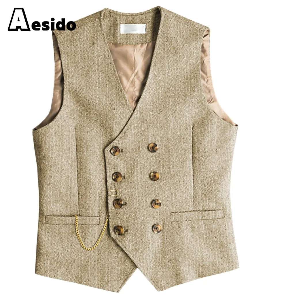 Men Double Breasted V Neck Waistcoat