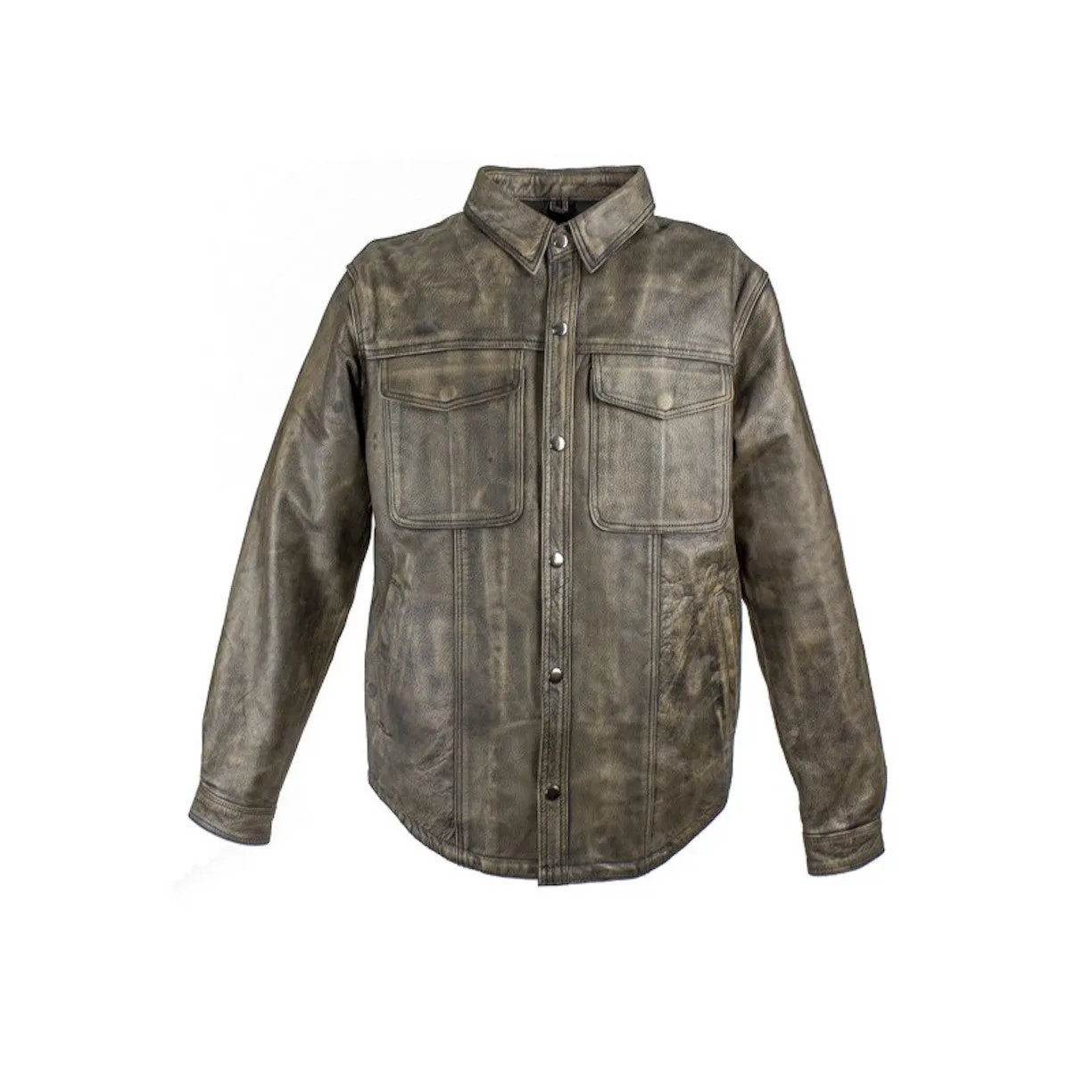 Mens Distressed Brown Leather Motorcycle Shirt With Concealed Carry Pockets