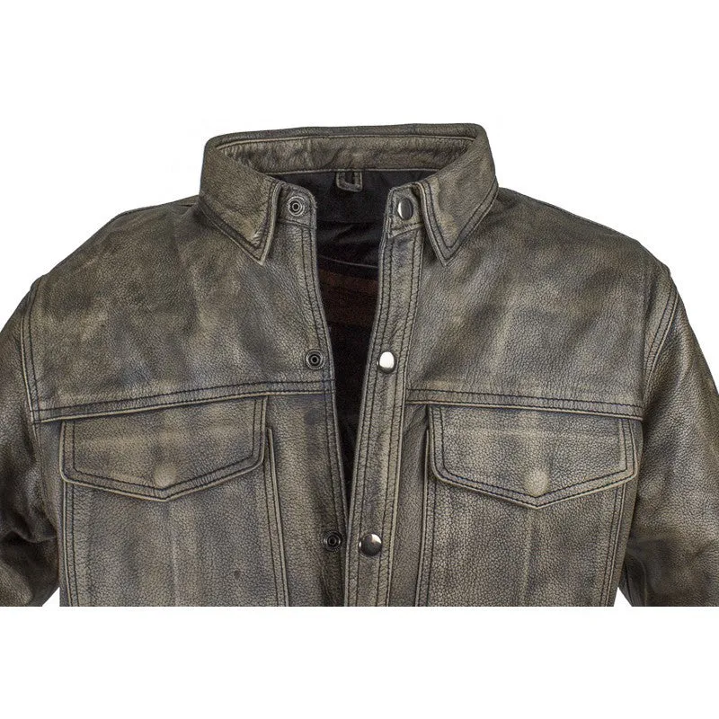 Mens Distressed Brown Leather Motorcycle Shirt With Concealed Carry Pockets