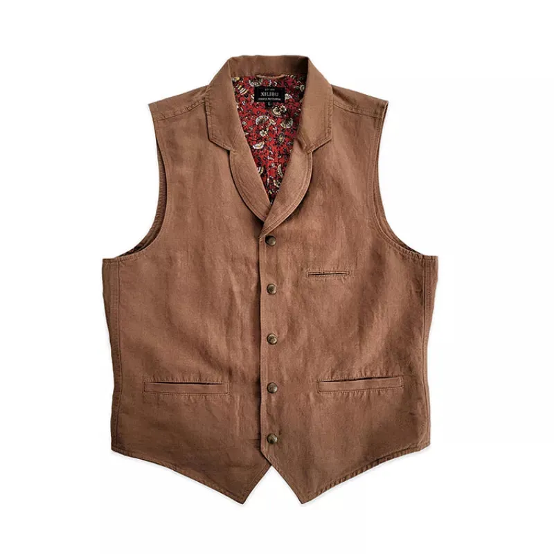 Men's Linen Cotton Brown Vest Suit Collar - Gentlemen Elegant Style