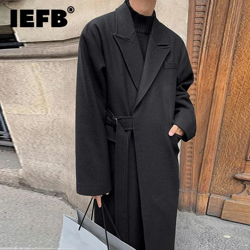 Men's Woolen And Mixtures Coat Autumn Winter Mid Long Thickened Korean Trend Loose Overcoat Male New Bandage Waist