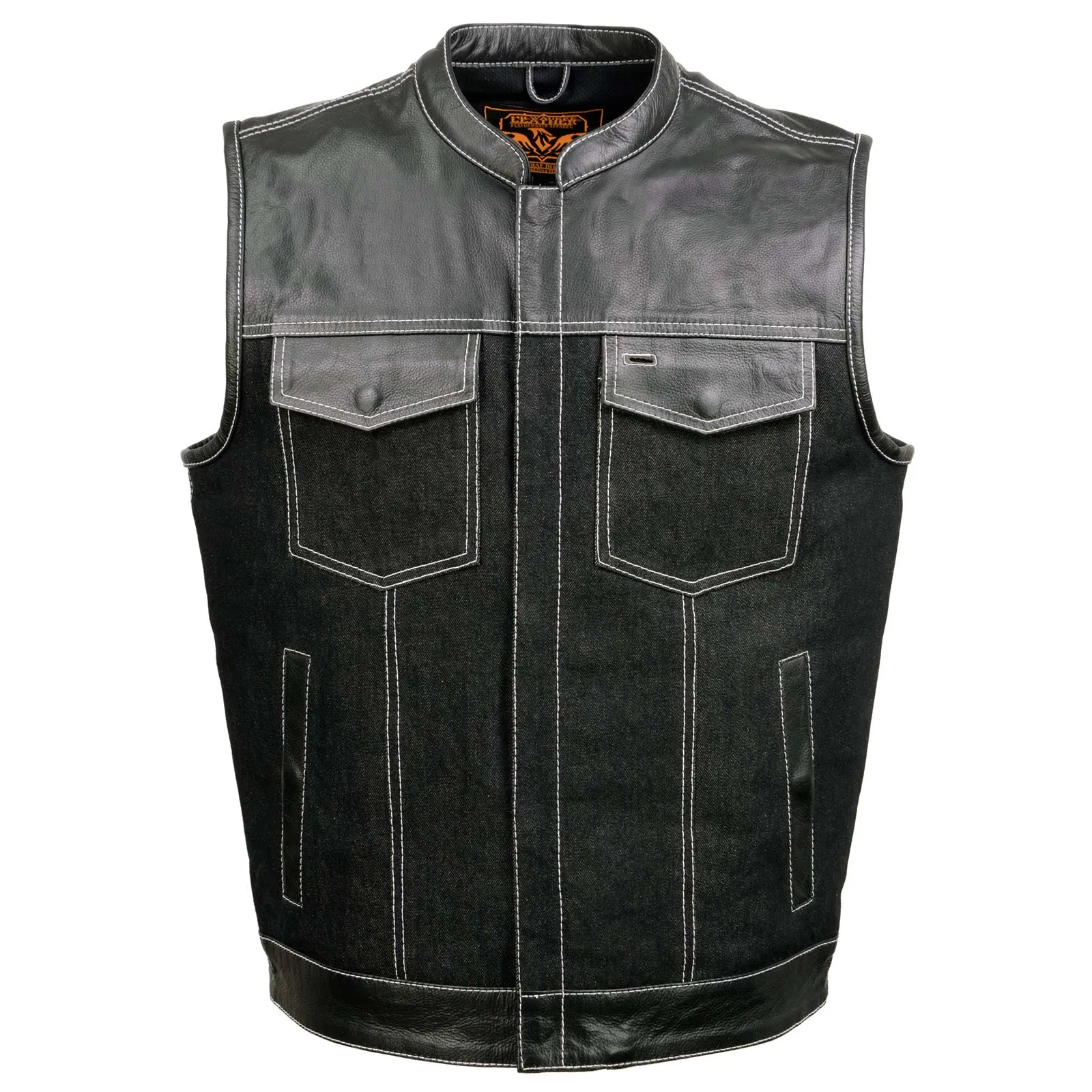 Milwaukee Leather MDM3006 Men's 'Brute' Black Denim and Black Leather Club Style Vest w/ Hidden Dual Closure