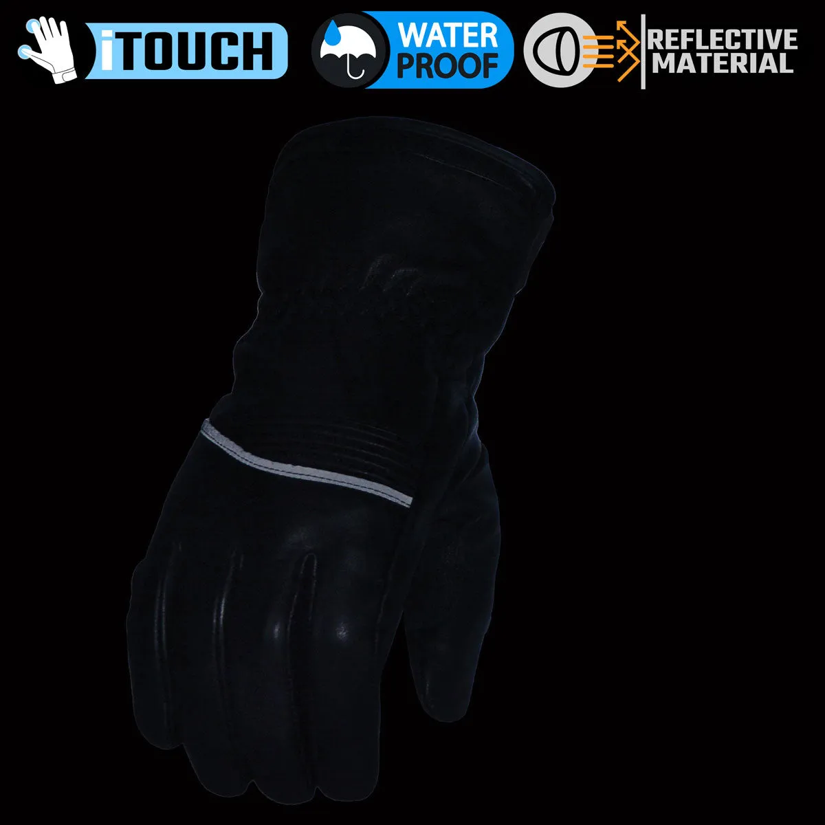 Milwaukee Leather MG7551 Men's Black Cowhide Leather Gauntlet Motorcycle Hand Gloves W/ i-Touch Screen and Waterproof