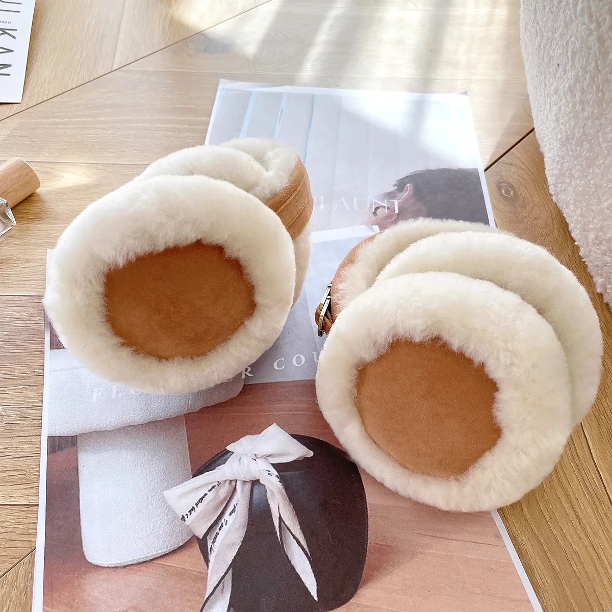 Natural Wool Sheepskin Ear Warmer for Women - Fashionable Genuine Leather Earmuffs with Dot Pattern