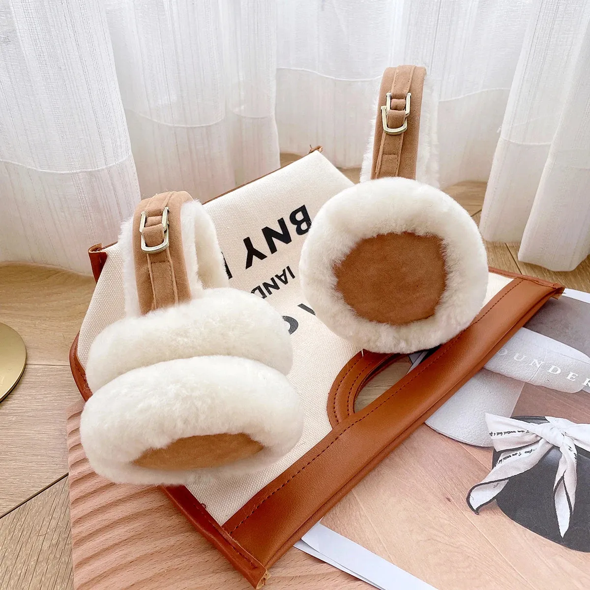 Natural Wool Sheepskin Ear Warmer for Women - Fashionable Genuine Leather Earmuffs with Dot Pattern