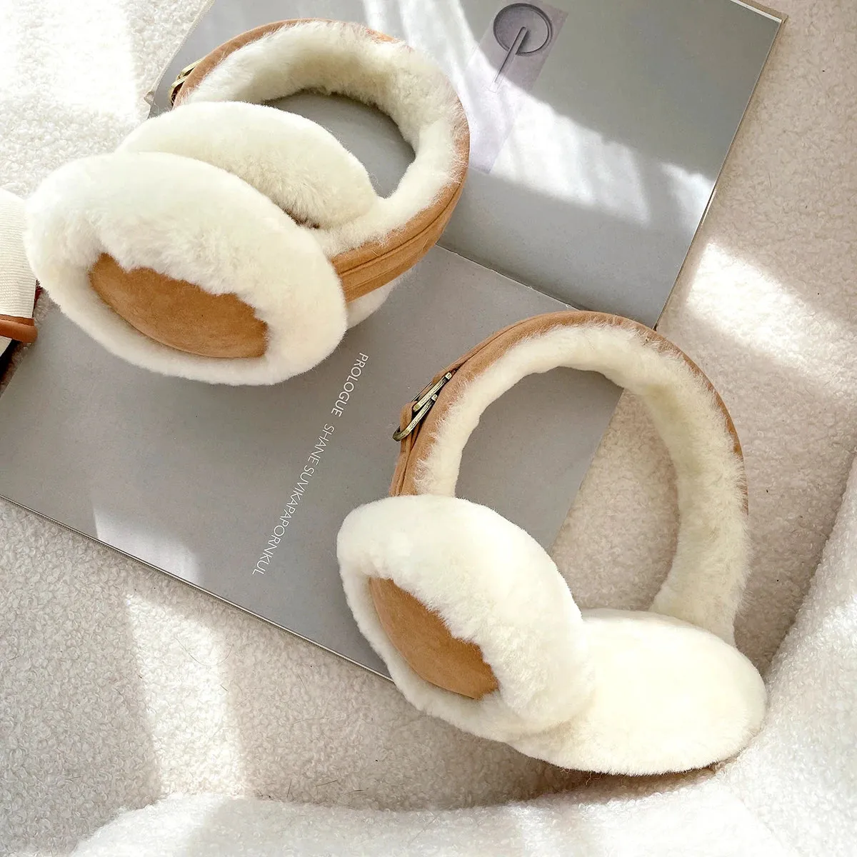 Natural Wool Sheepskin Ear Warmer for Women - Fashionable Genuine Leather Earmuffs with Dot Pattern