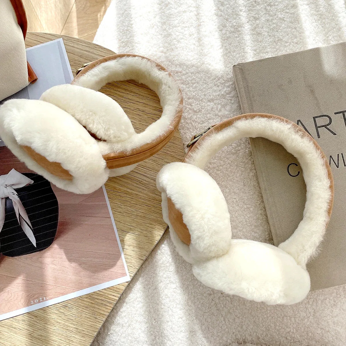 Natural Wool Sheepskin Ear Warmer for Women - Fashionable Genuine Leather Earmuffs with Dot Pattern