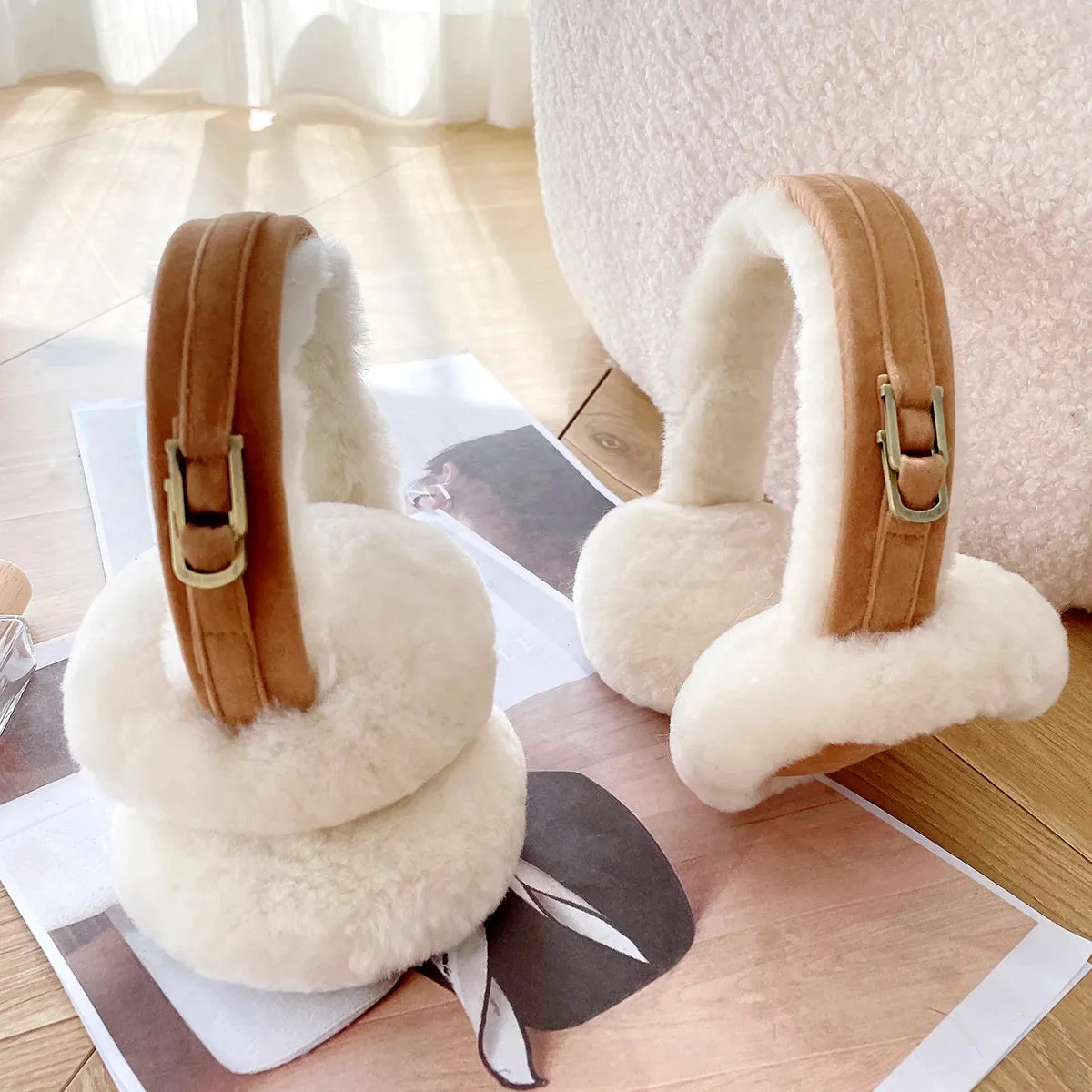 Natural Wool Sheepskin Ear Warmer for Women - Fashionable Genuine Leather Earmuffs with Dot Pattern