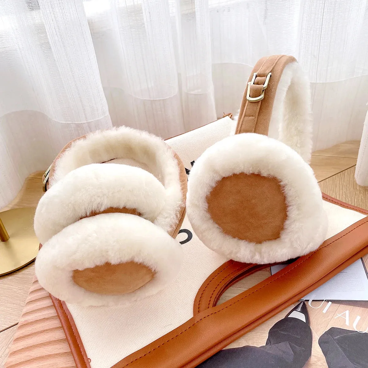 Natural Wool Sheepskin Ear Warmer for Women - Fashionable Genuine Leather Earmuffs with Dot Pattern