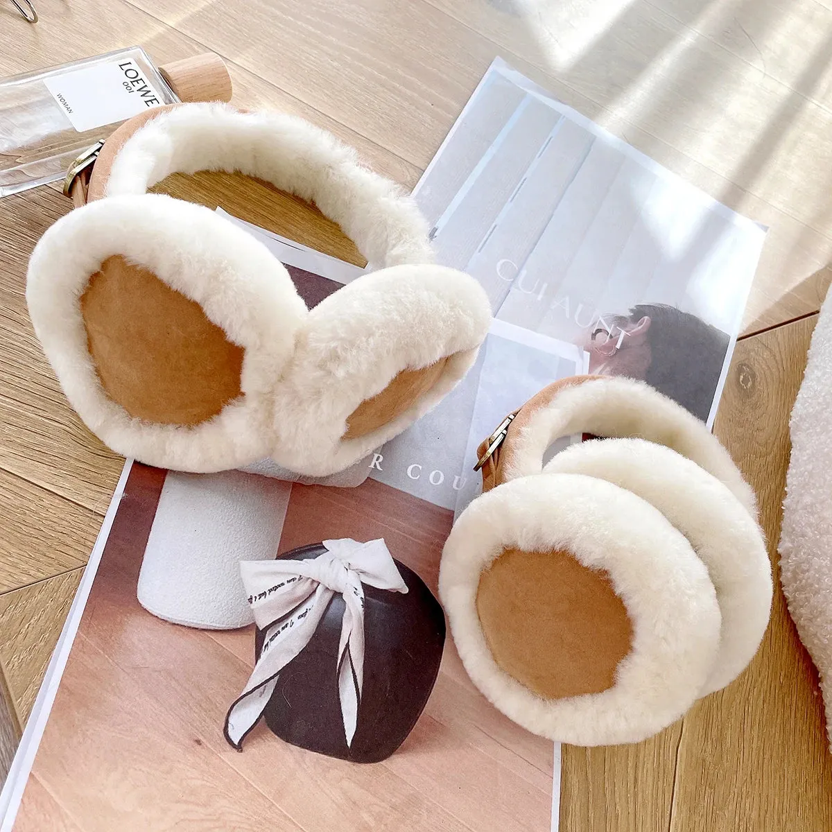 Natural Wool Sheepskin Ear Warmer for Women - Fashionable Genuine Leather Earmuffs with Dot Pattern