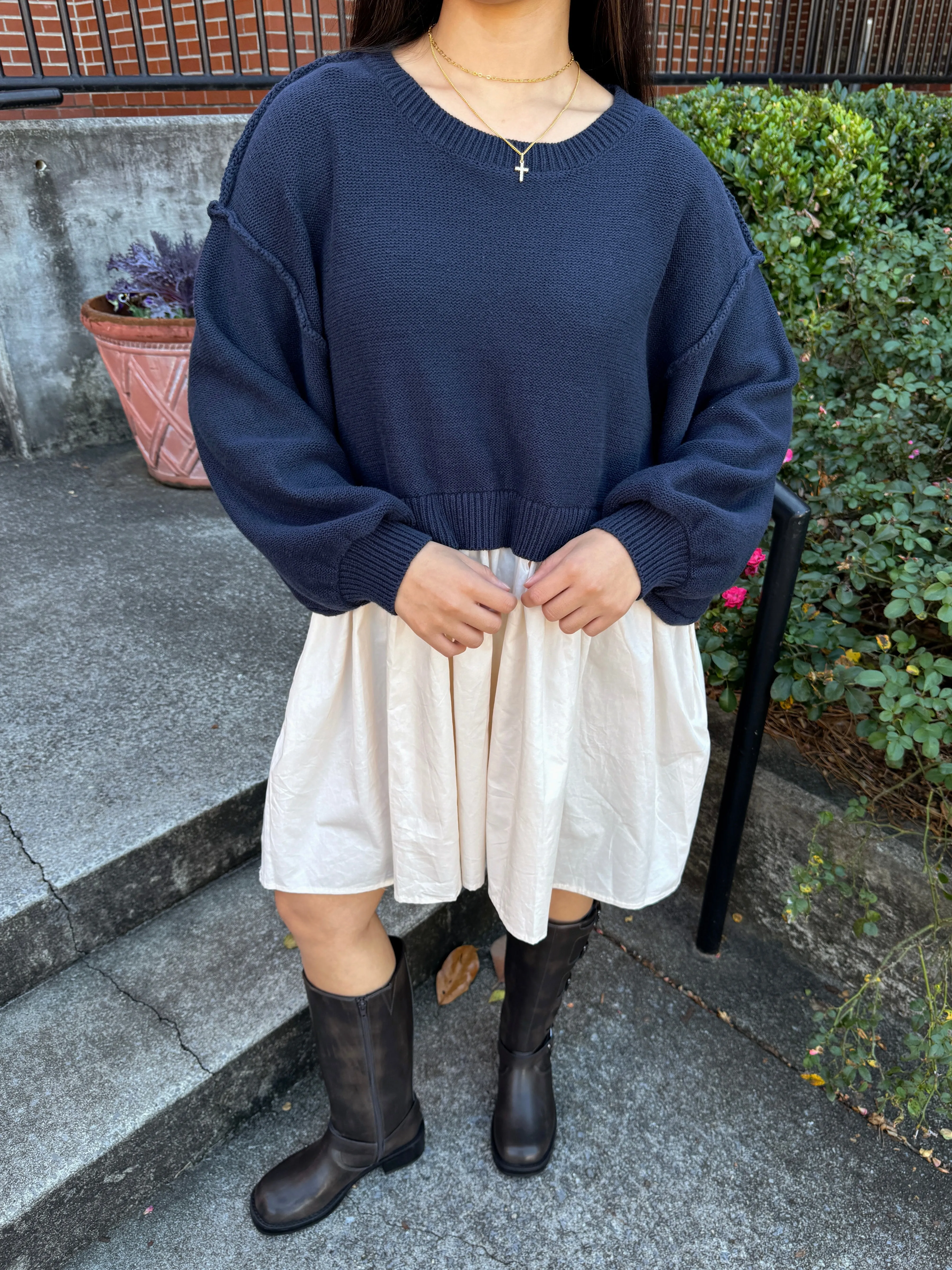 Navy & Beige Oversized Knit Sweater Dress