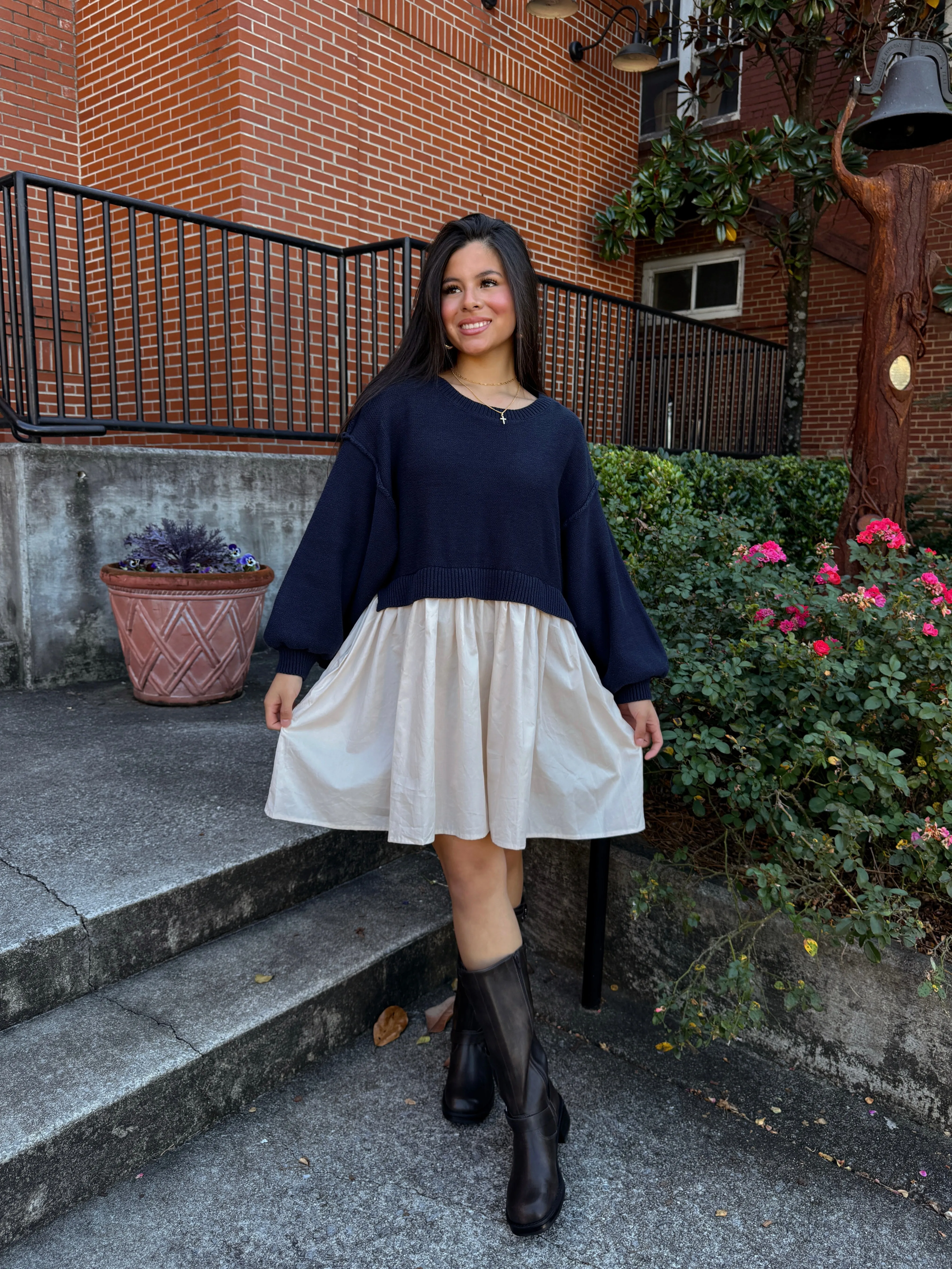 Navy & Beige Oversized Knit Sweater Dress