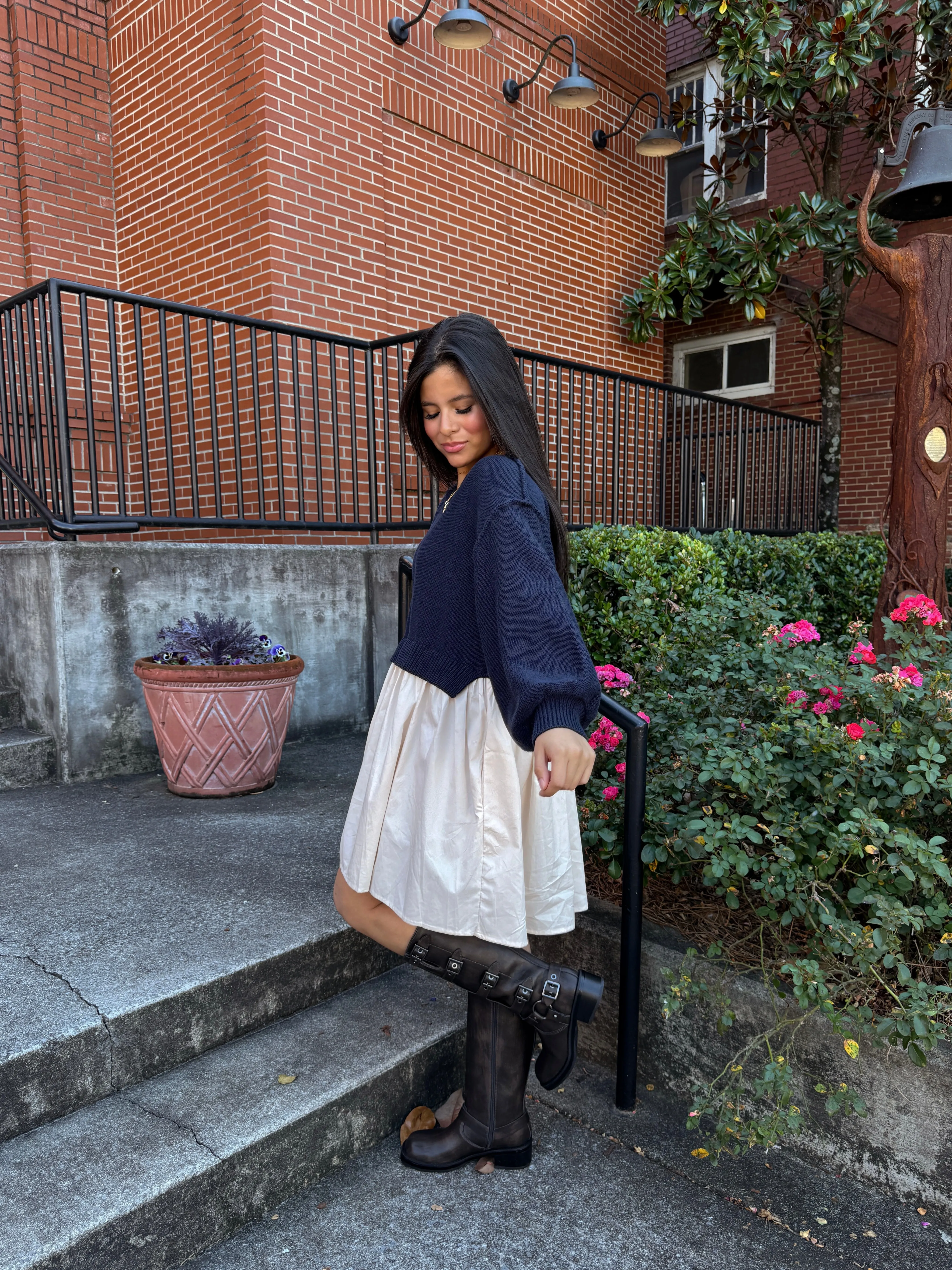 Navy & Beige Oversized Knit Sweater Dress