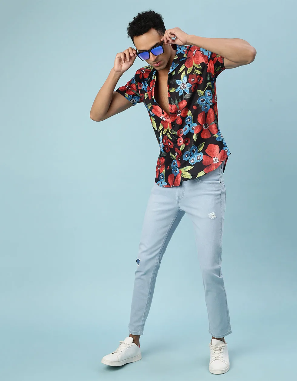 Navy Floral Printed Casual Shirt