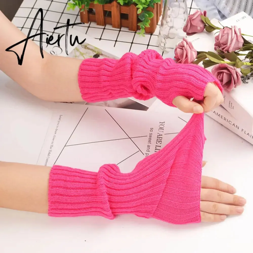 New Women Fingerless Gloves Arm Warmers Goth Knitted Kawaii Work Gloves Ankle Wrist Sleeves Harajuku Anime Cosplay Accessories