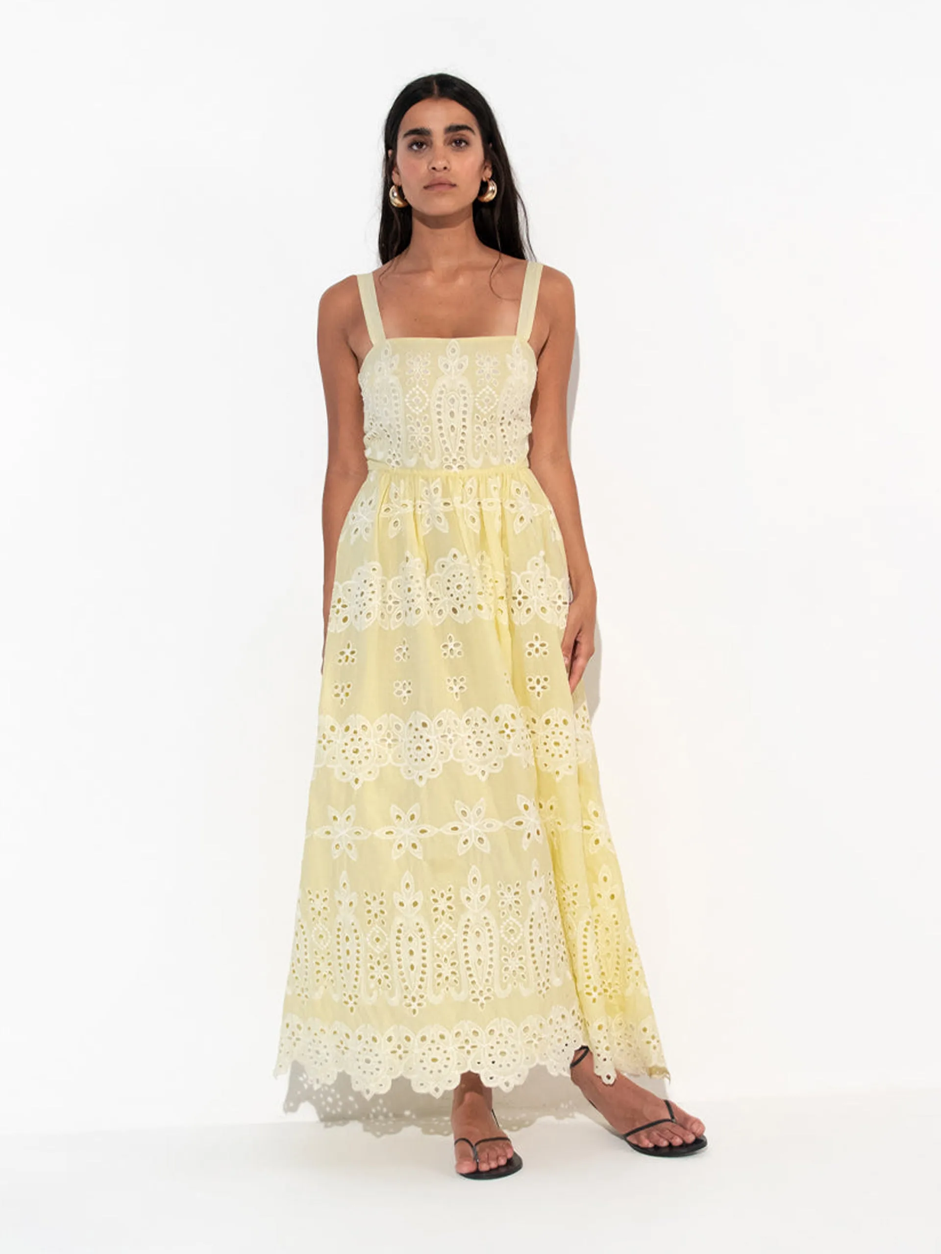 Ninet yellow broderie anglaise maxi dress