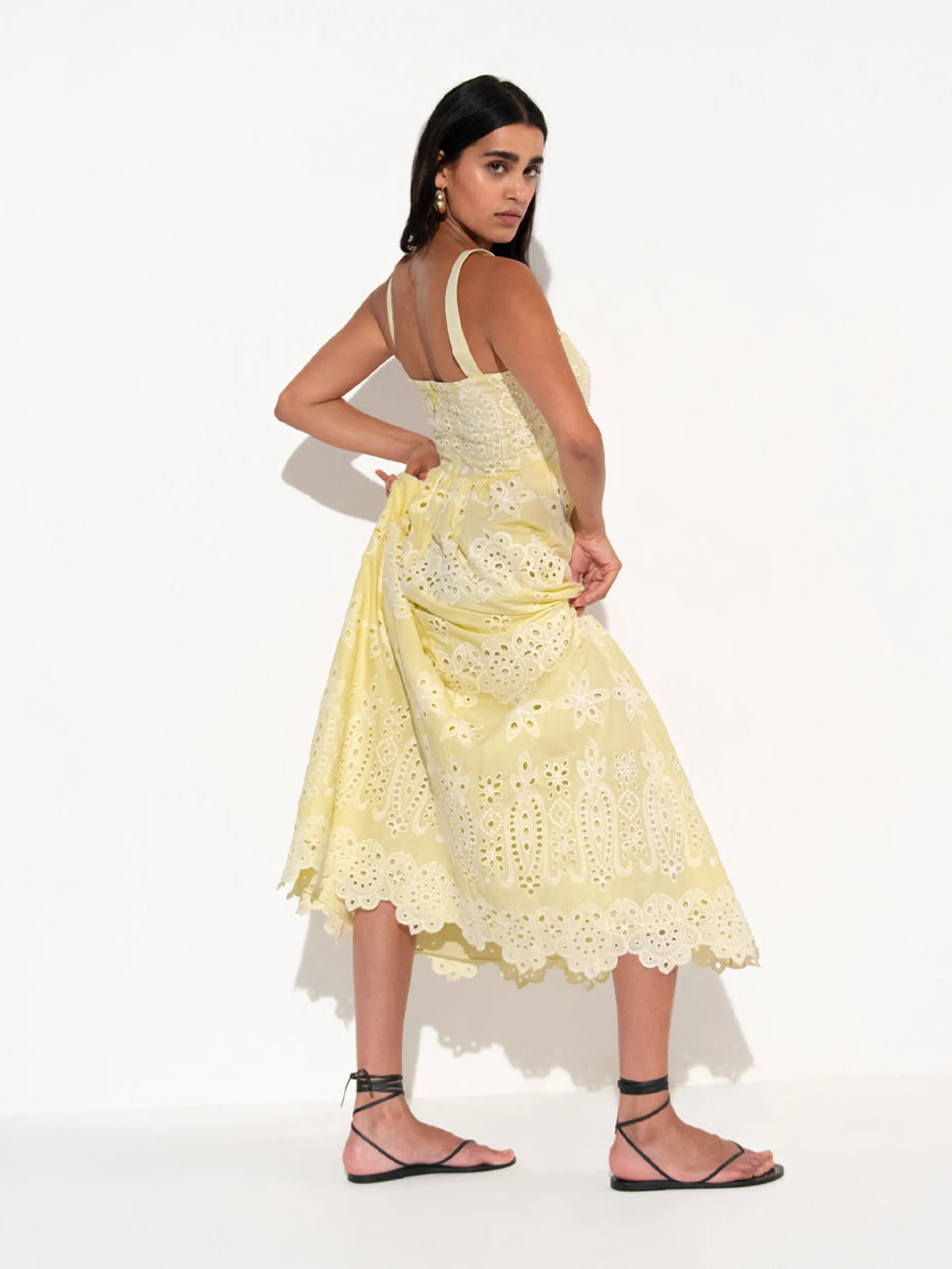 Ninet yellow broderie anglaise maxi dress