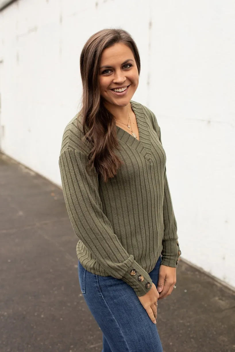 Olive Vneck Ribbed Sweater LS (SM-2X)