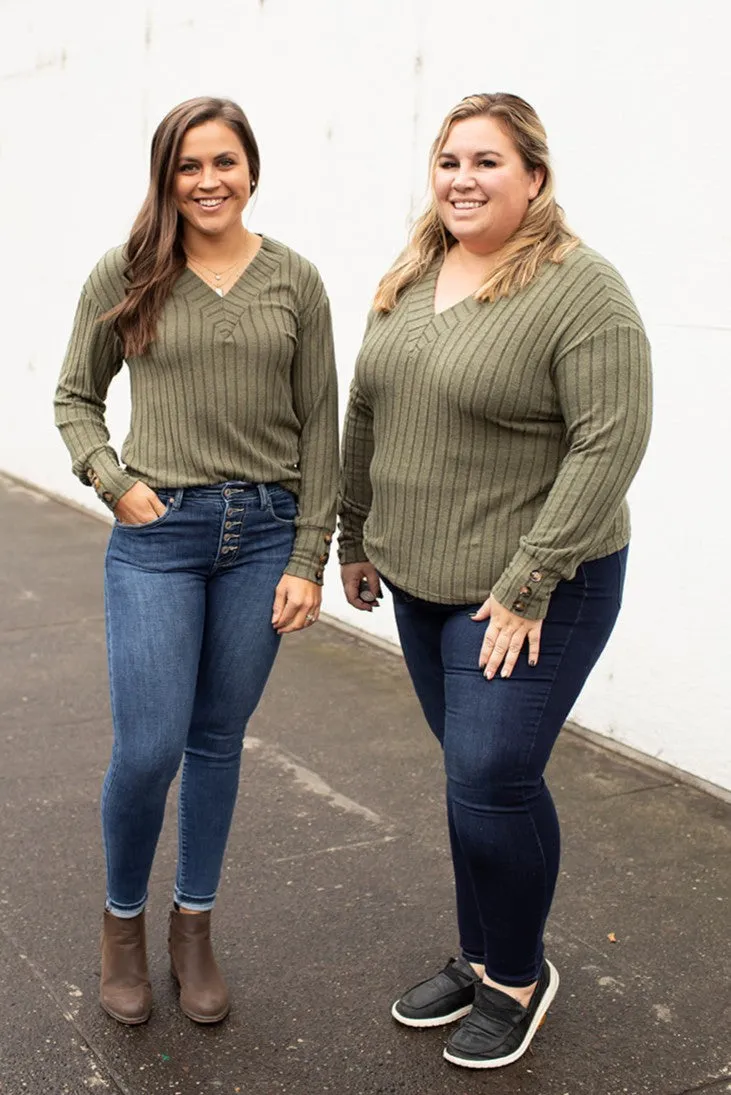 Olive Vneck Ribbed Sweater LS (SM-2X)