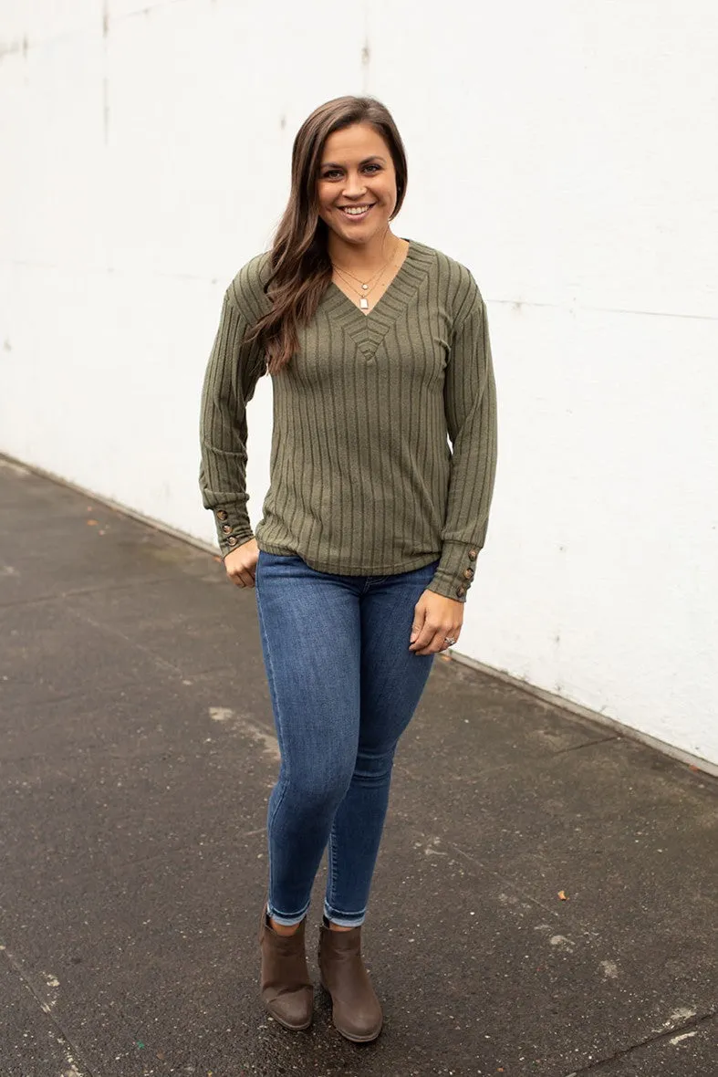 Olive Vneck Ribbed Sweater LS (SM-2X)