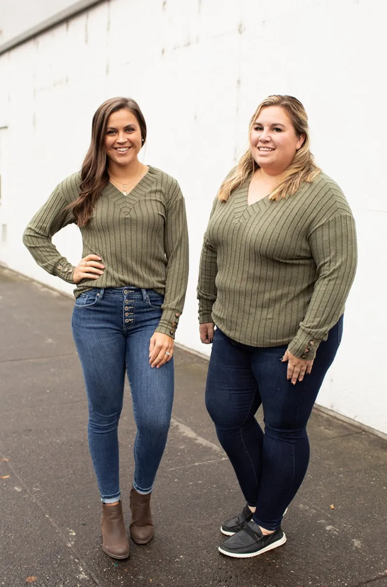 Olive Vneck Ribbed Sweater LS (SM-2X)