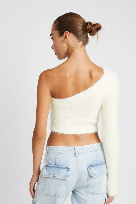 One shoulder fluffy crop sweater