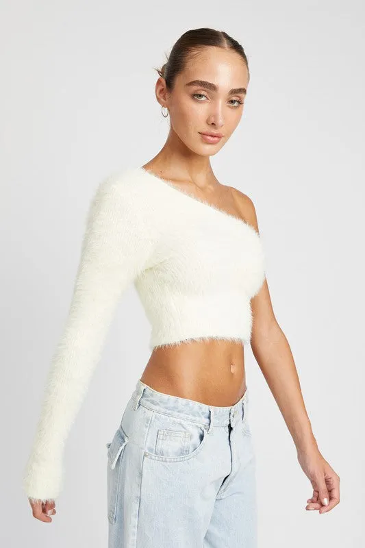 One shoulder fluffy crop sweater