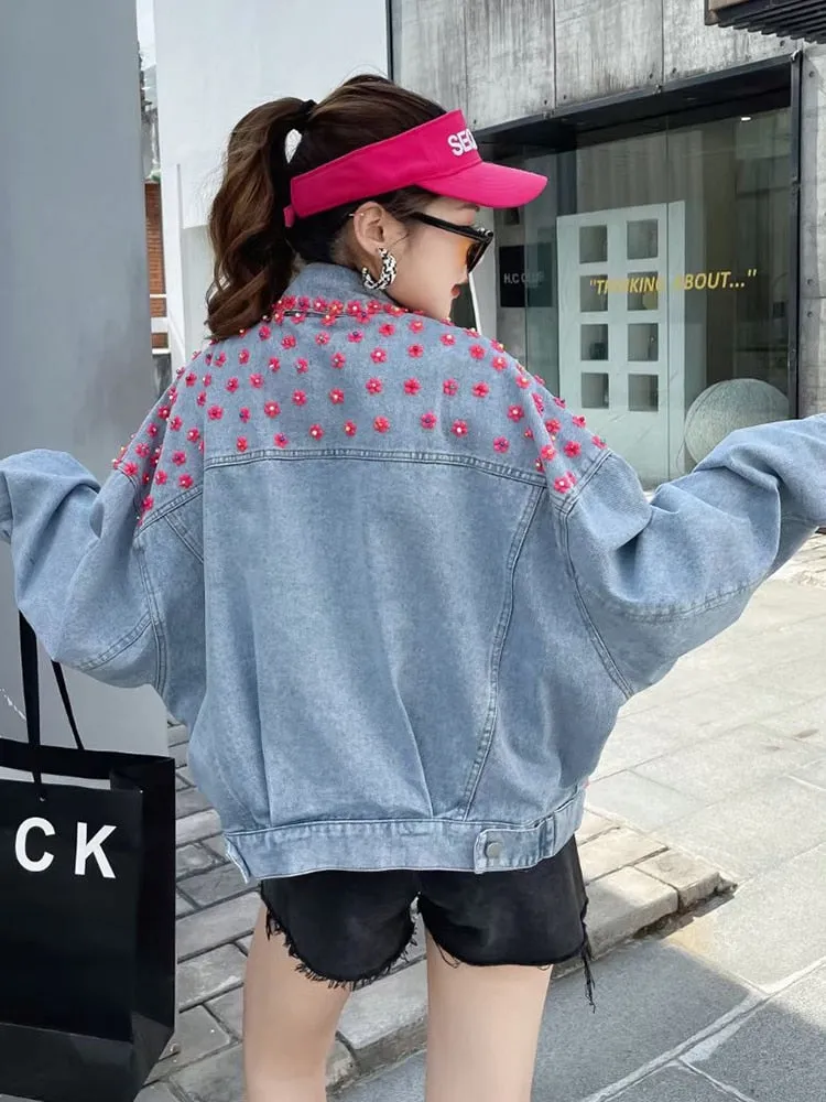 Patchwork Diamond Denim Coats For Women Lapel Long Sleeve Loose Chic Hit Color Streetwear Jacket Female Fashion