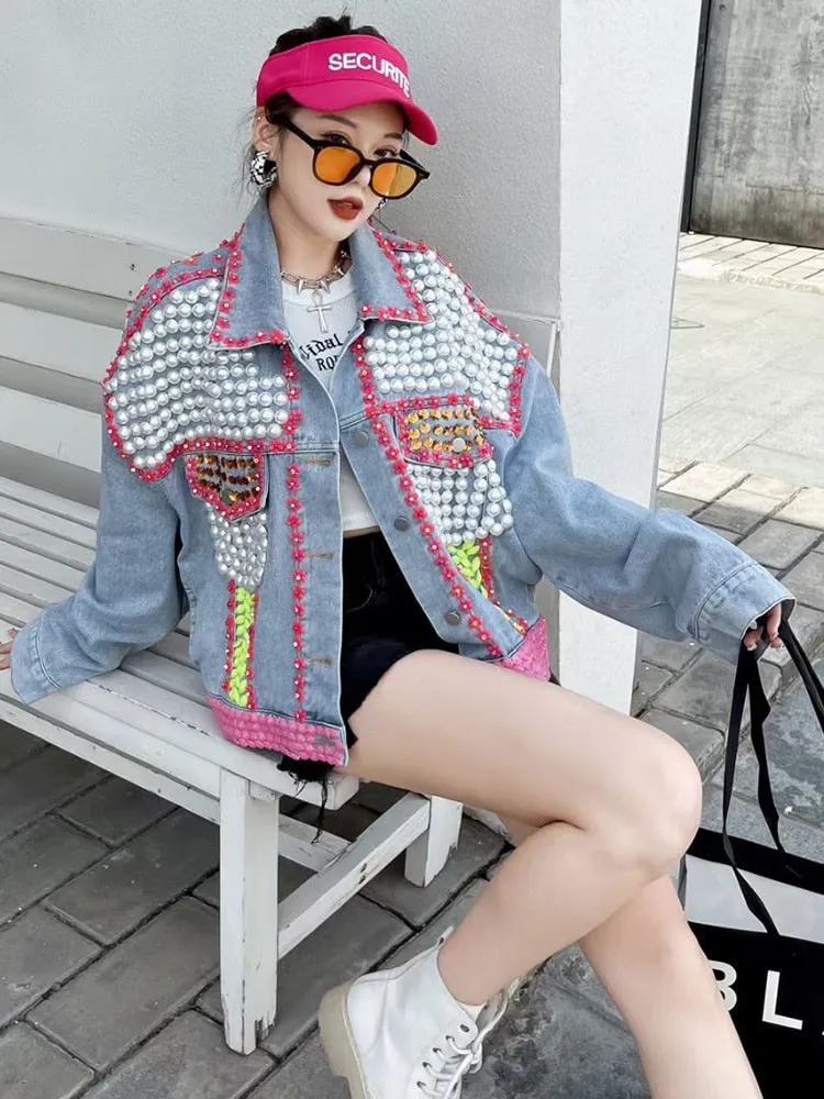 Patchwork Diamond Denim Coats For Women Lapel Long Sleeve Loose Chic Hit Color Streetwear Jacket Female Fashion