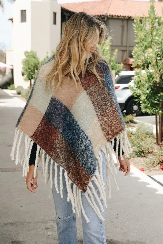 Peach Blue Colorblock Tassel Fringe Poncho Casual Womens