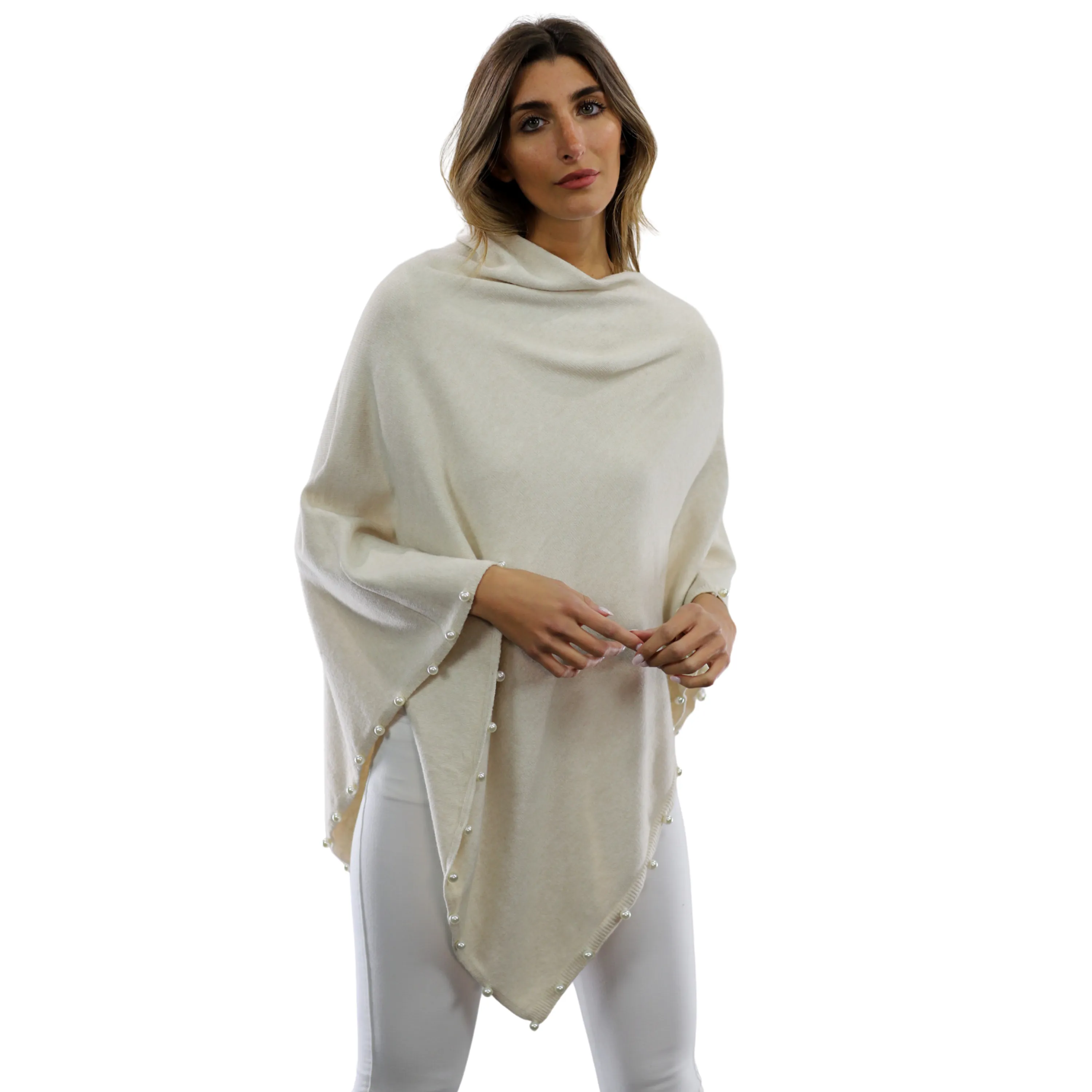 Pearl Trim Poncho - Ivory