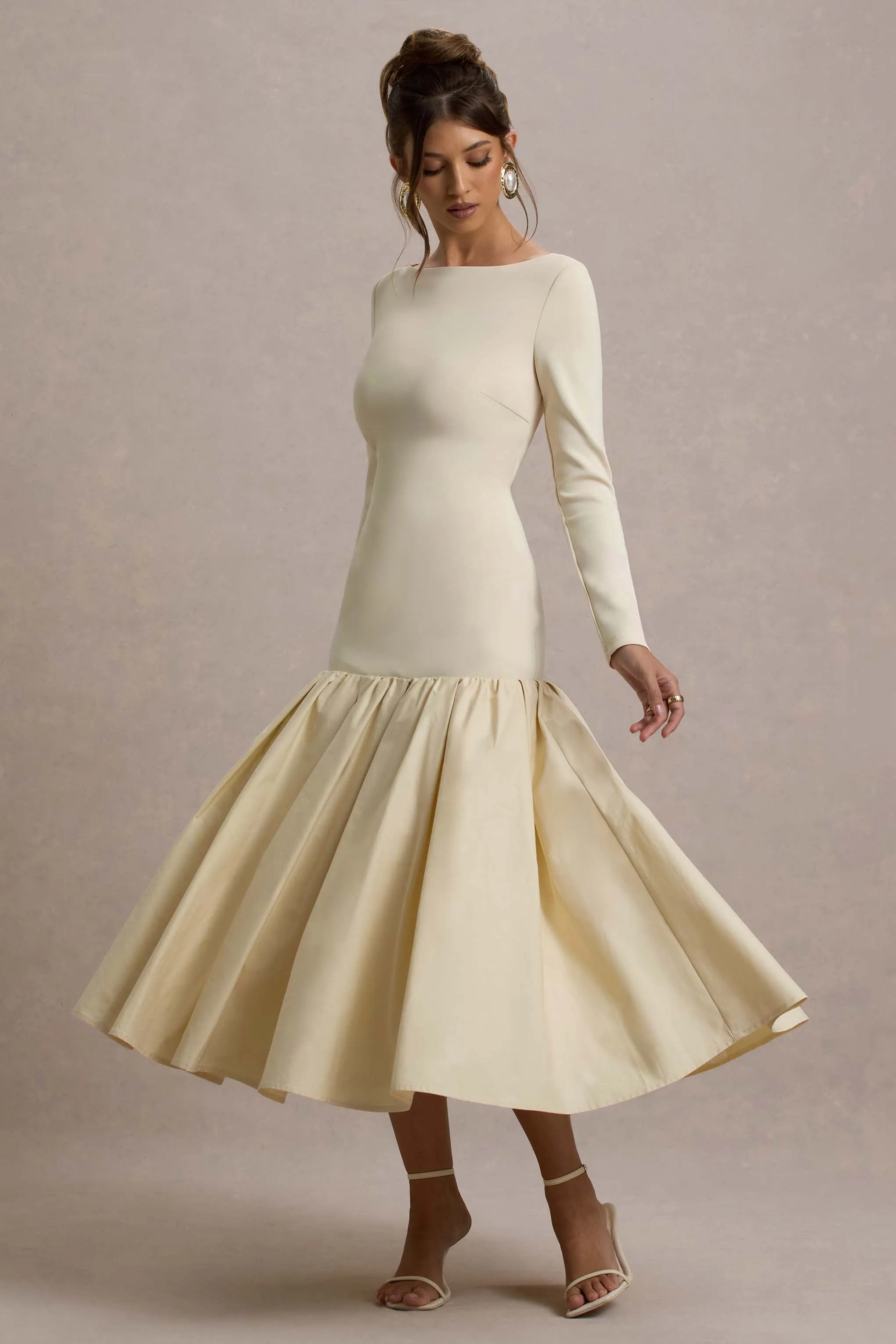 Perpetua | Cream Drop-Waist Midi Dress With Volume Skirt