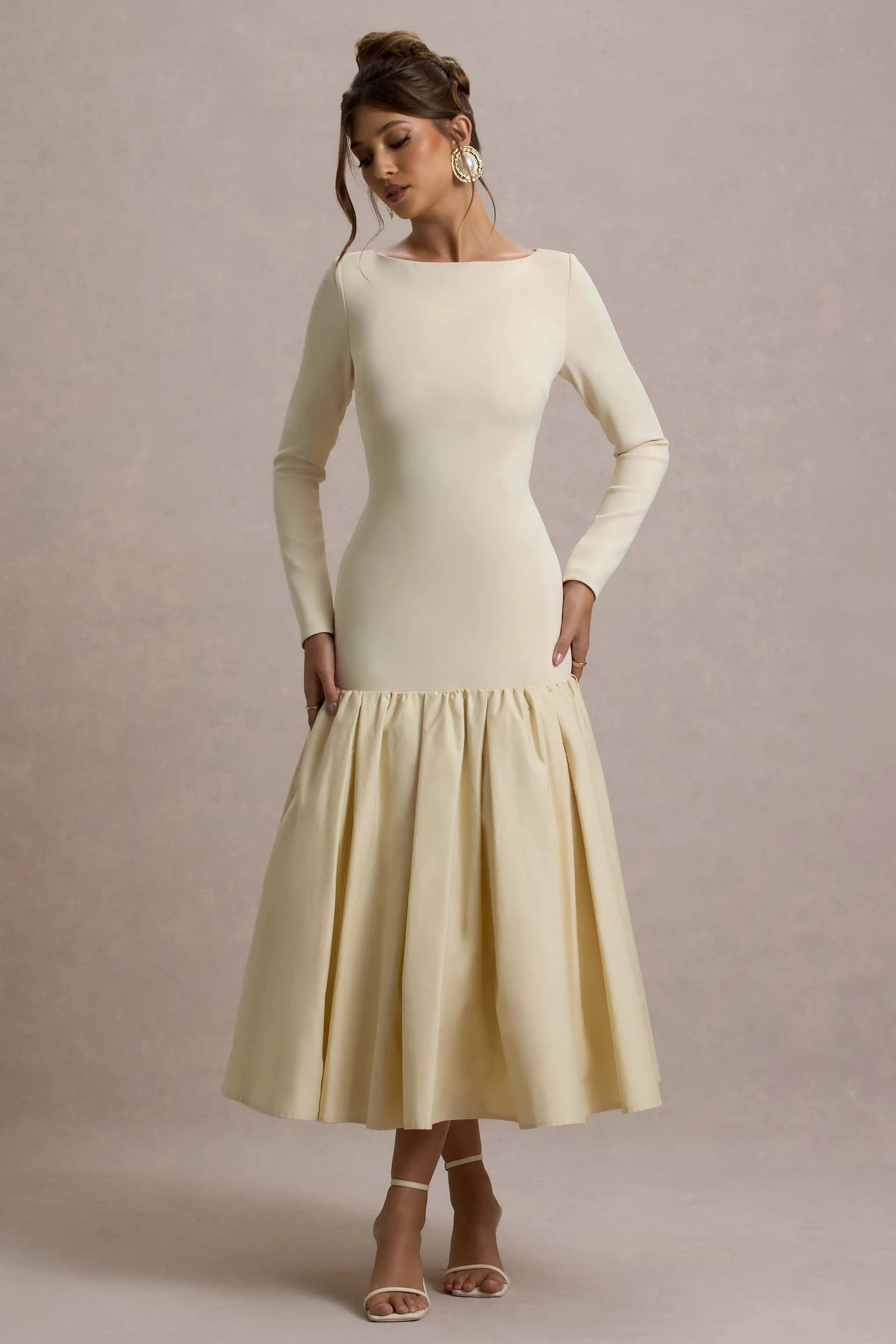 Perpetua | Cream Drop-Waist Midi Dress With Volume Skirt