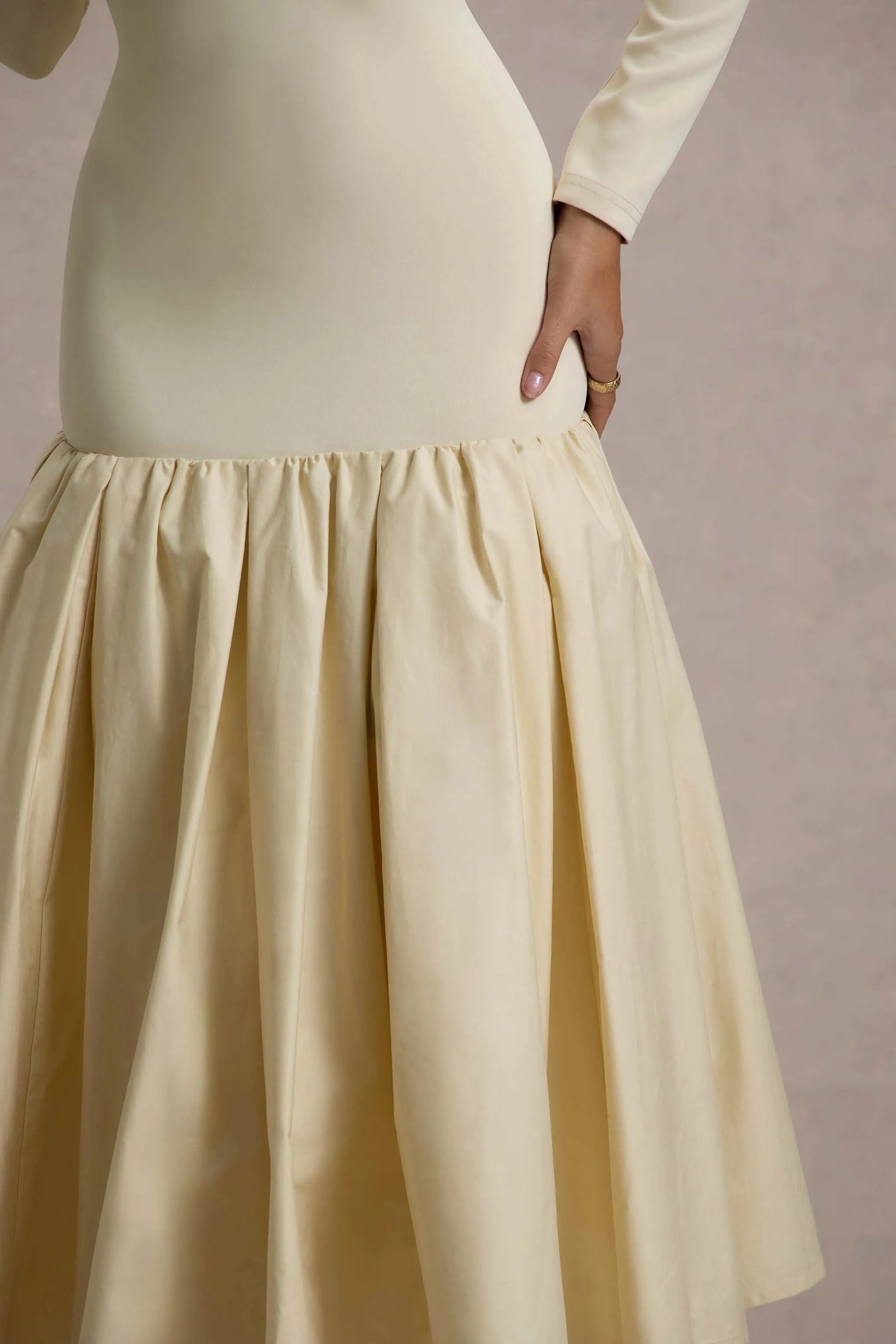 Perpetua | Cream Drop-Waist Midi Dress With Volume Skirt